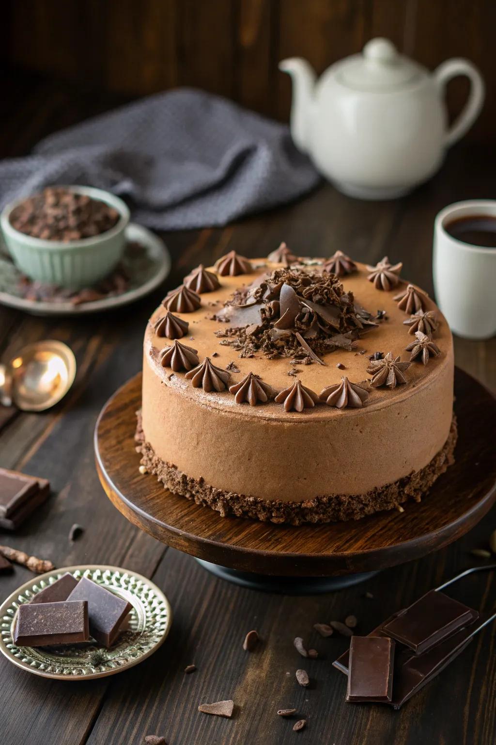 Cocoa shavings introduce a timeless touch to mocha cake embellishment.