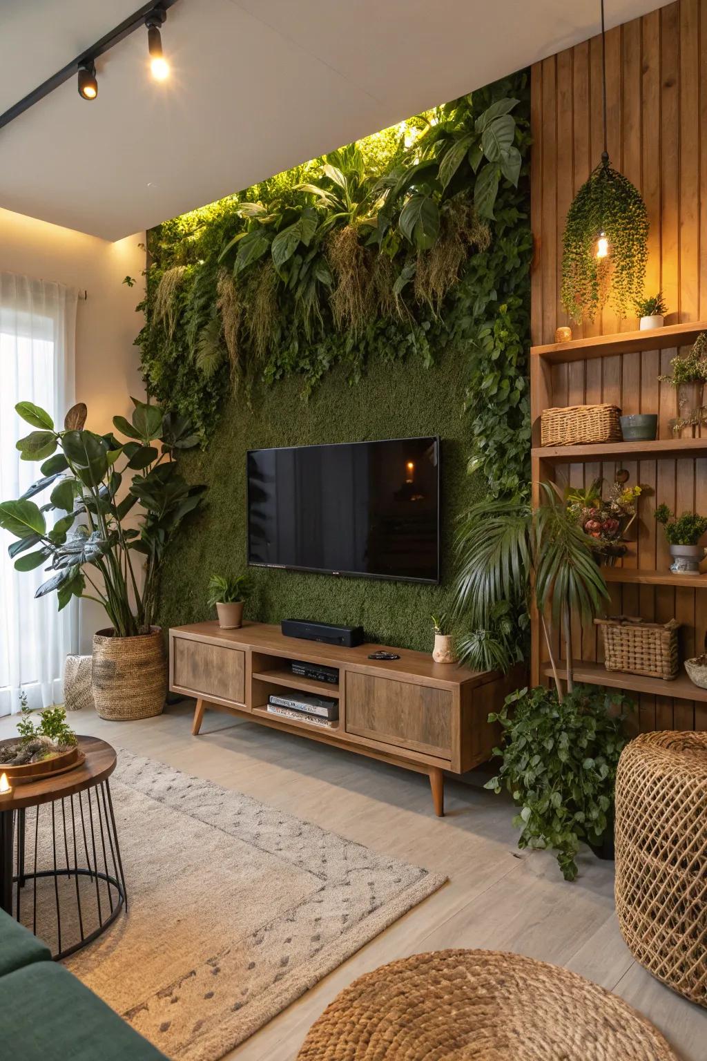 Living plants add a fresh, natural touch to the TV wall.