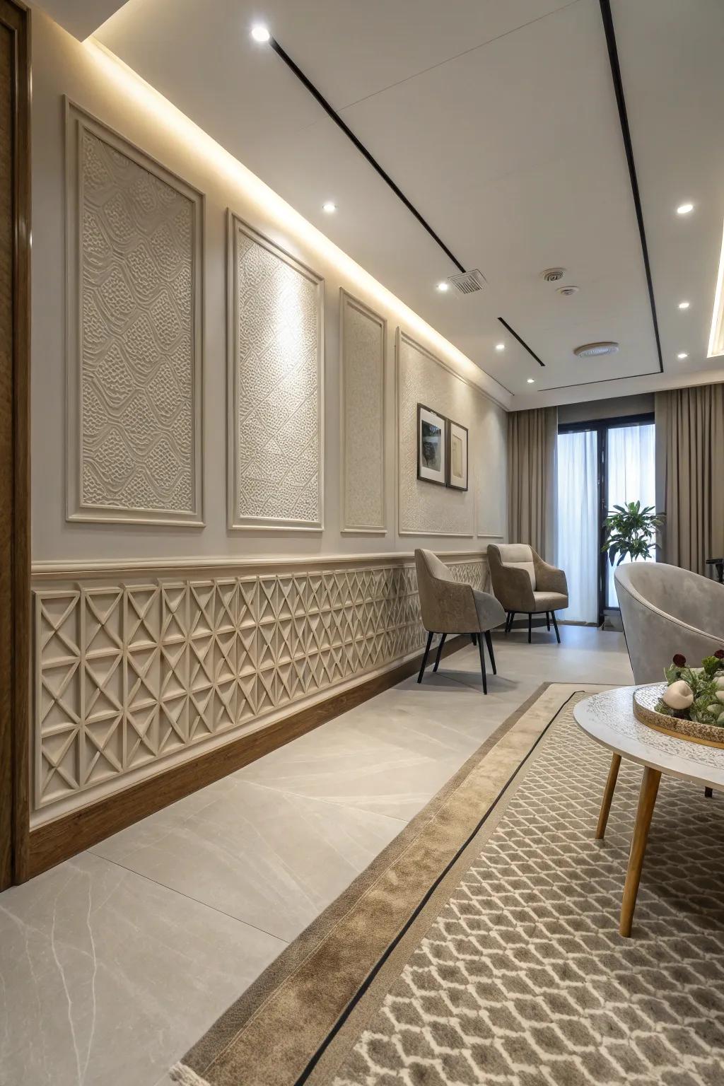 Textured baseboards enhancing depth.