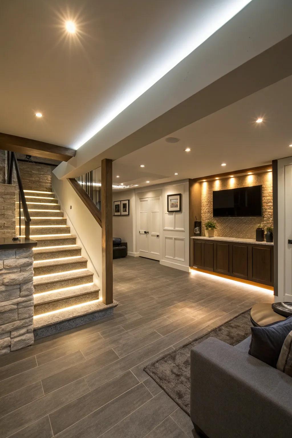 A well-balanced and welcoming basement atmosphere is created by layered lighting.