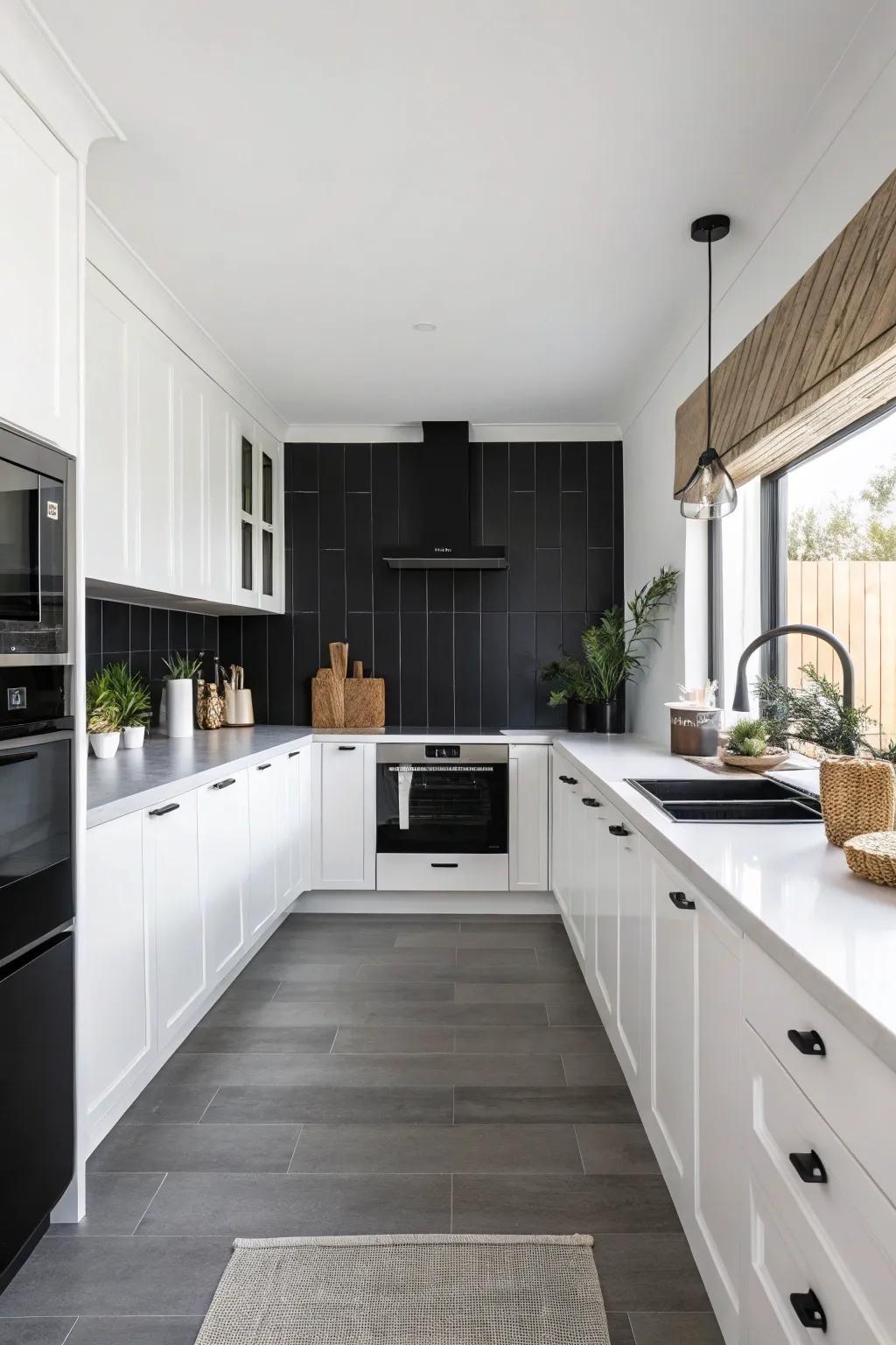 Minimalist earthy black enhances the kitchen with modern flair.