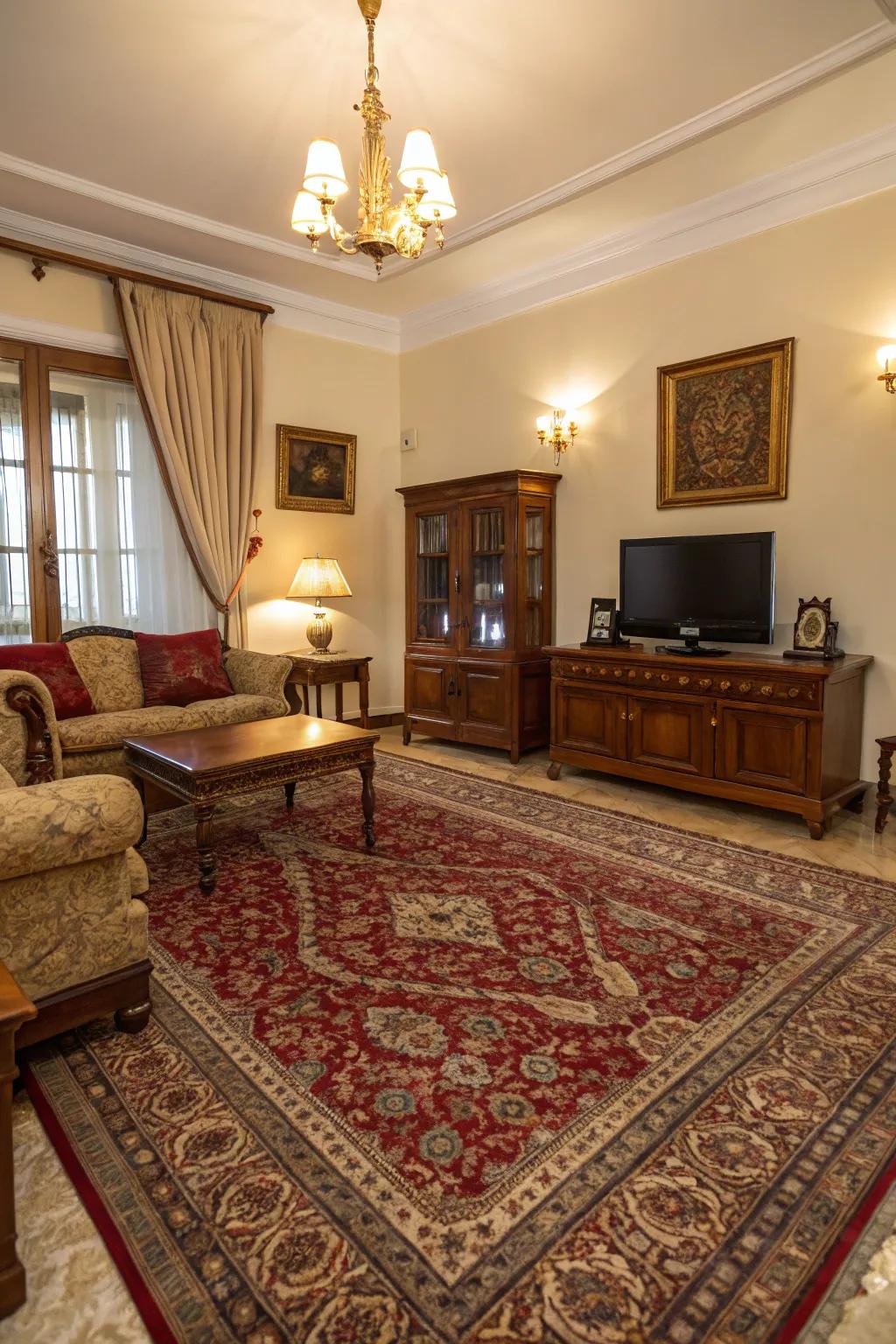 Traditional living area featuring a aged Persian-look carpet as a focal point