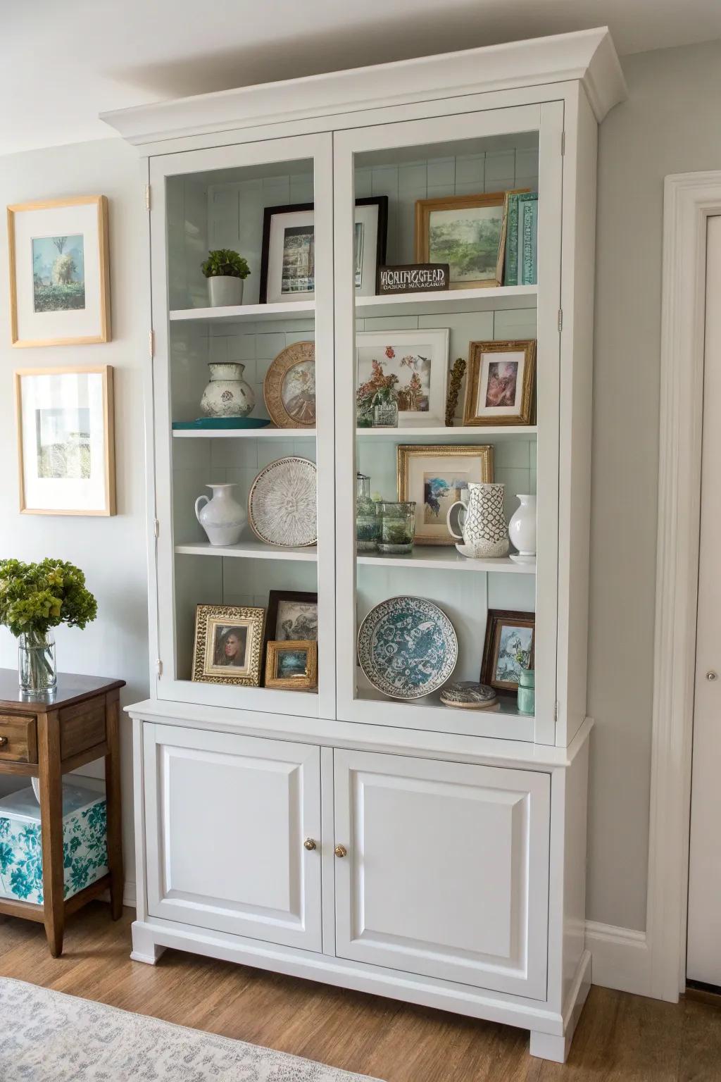 Artistic styling within a display cabinet scene.