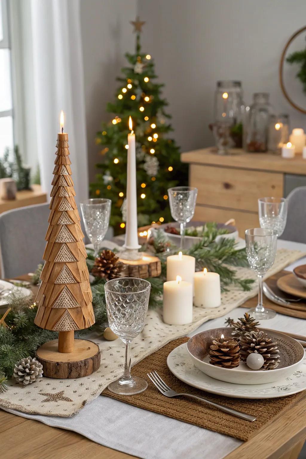A contemporary table arrangement uniting glass and timber for visual interest.