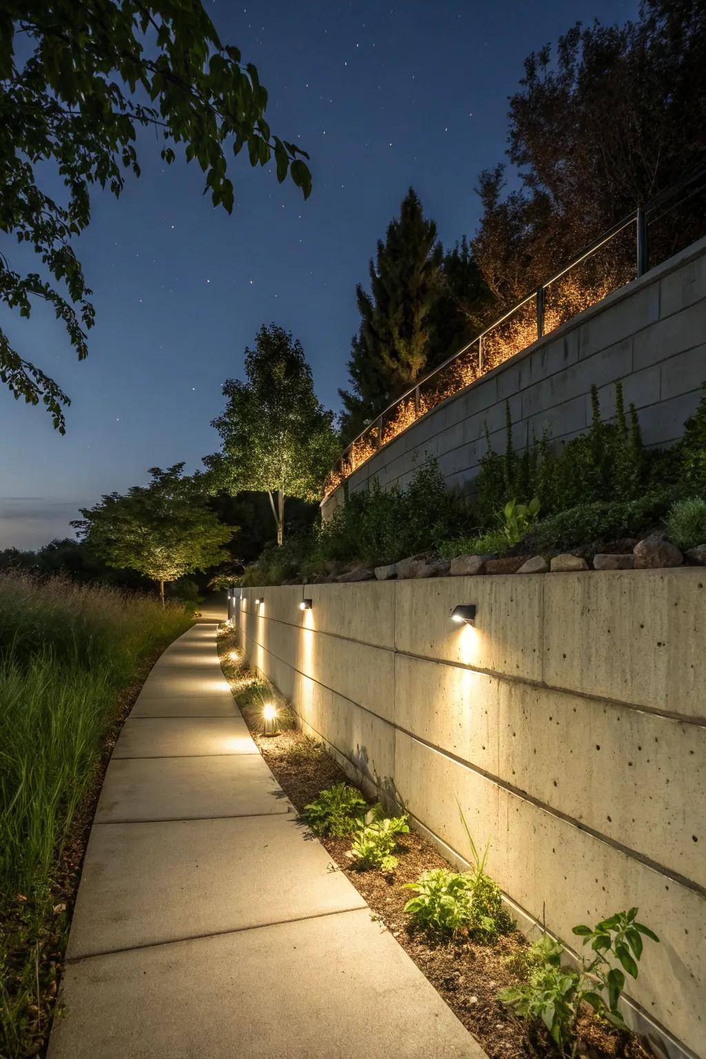 Concrete wall integrating illumination for an enchanting nocturnal garden.
