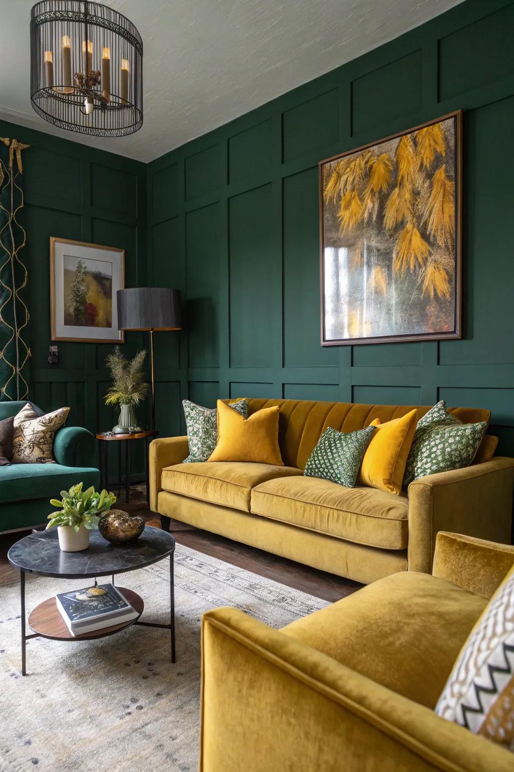 Surprising bursts of color energize a deep green living room.