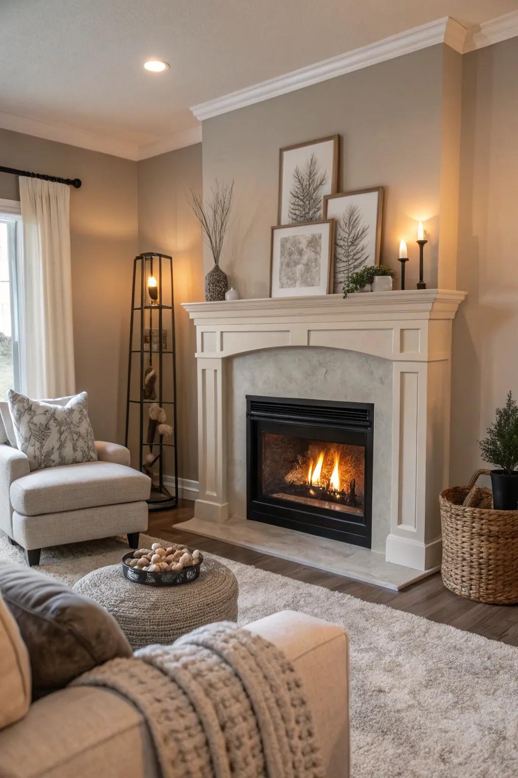 An electric fireplace arranged beautifully inside a living space featuring a neutral palette.