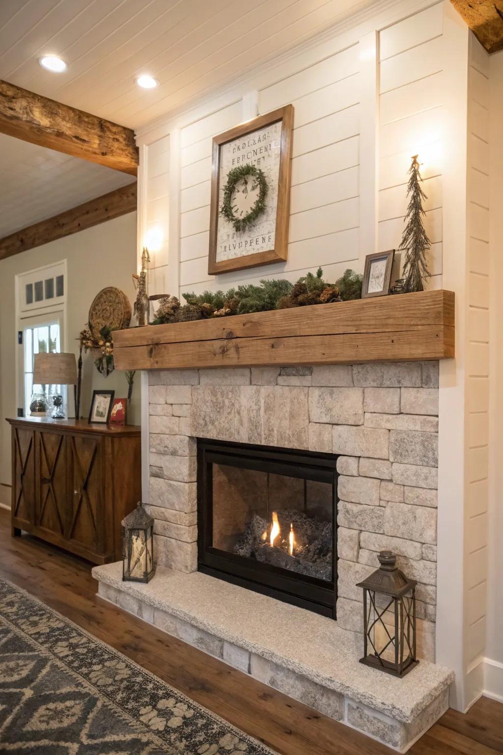 A farm structure beam mantel adds rustic charm and individuality.