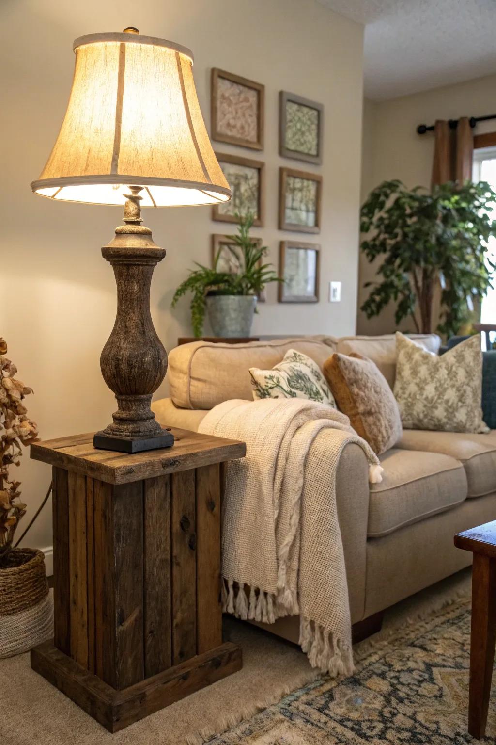 Reclaimed timber lamps add eco-friendly charm.