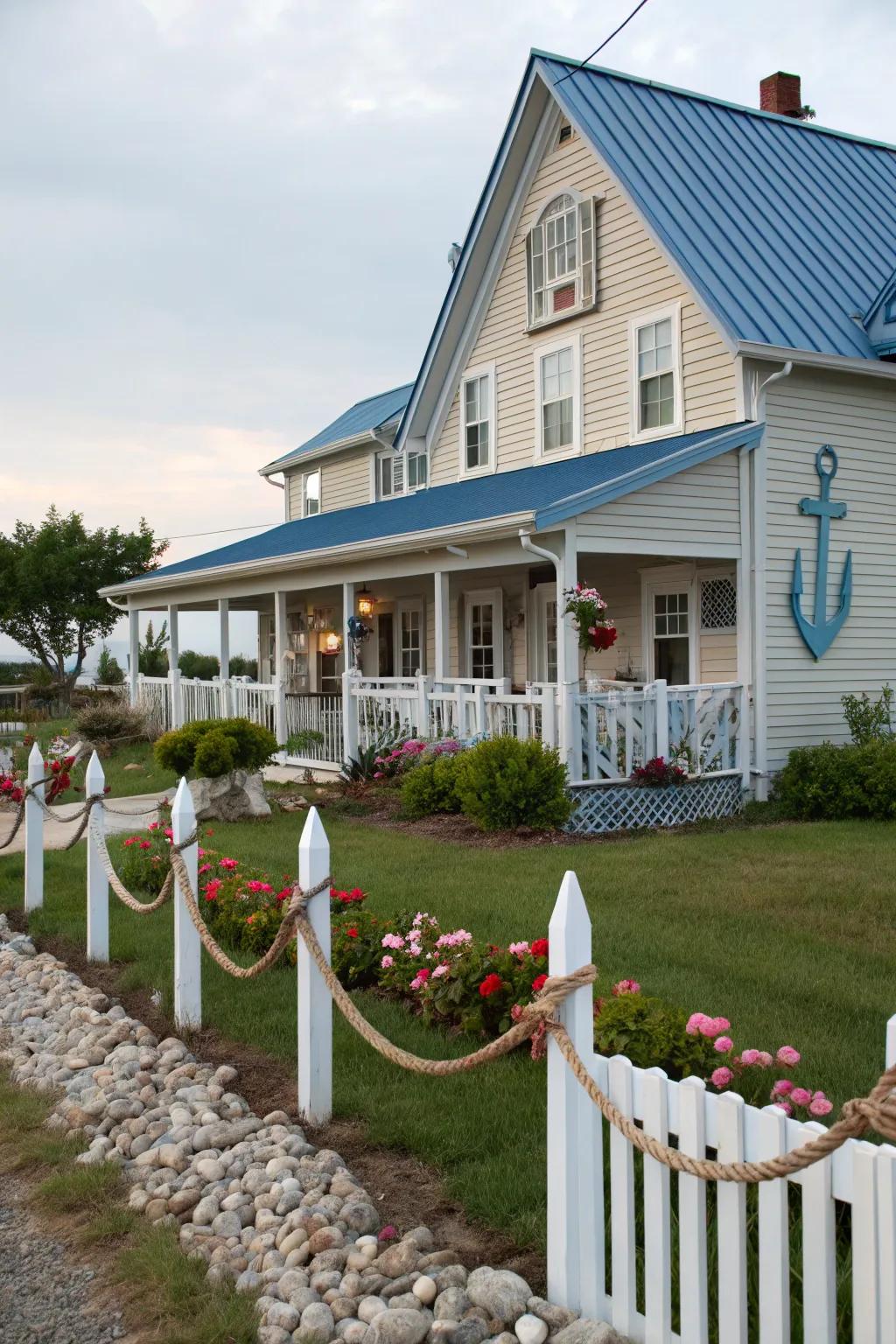 Seaside charm: A farmhouse with a serene azure roof.