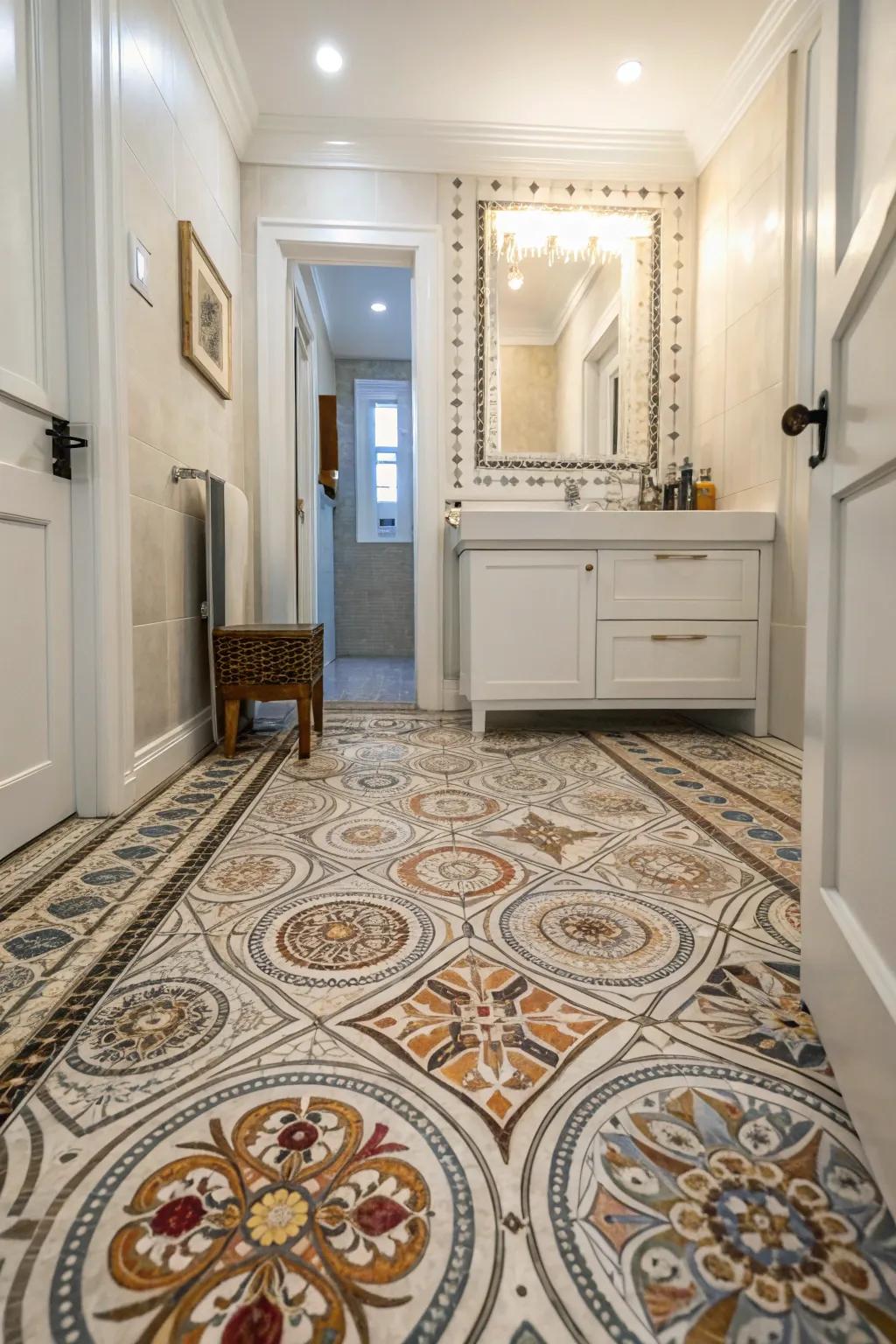 Intricate patterned floor tiling within a washroom.