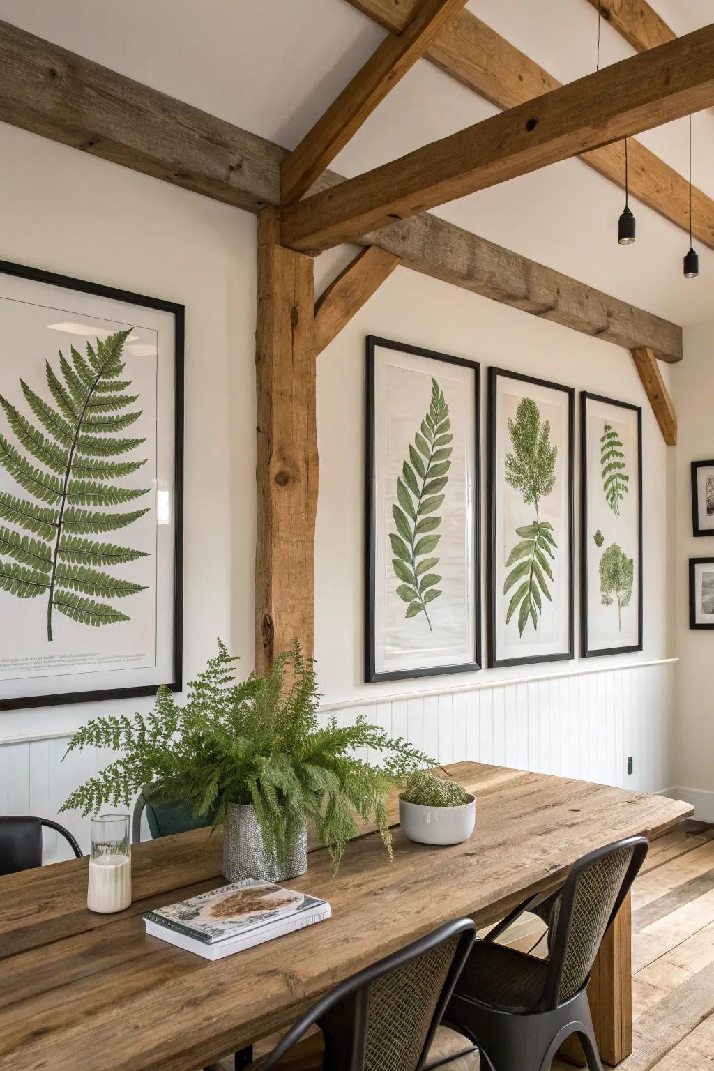 Plant-inspired prints adding a natural touch to a dining room.