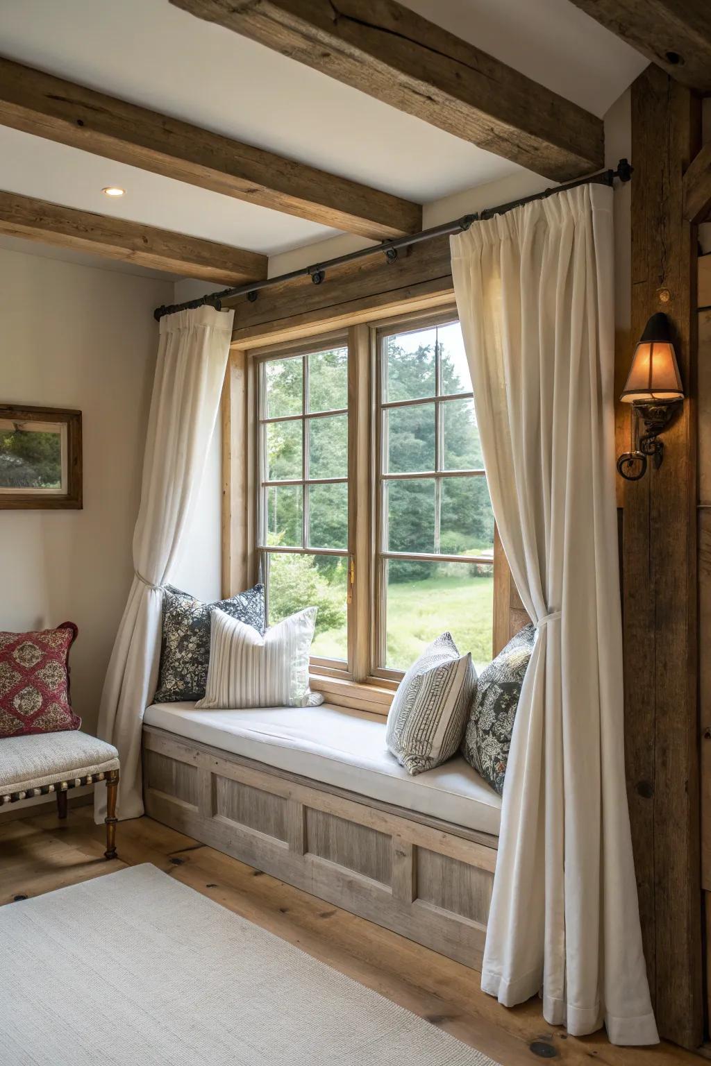 Cozy spot with seating and window trim.