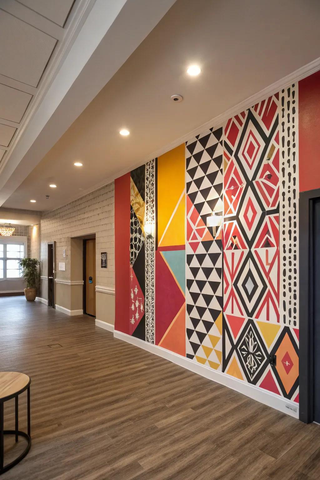 A feature wall creates a bold statement in this contemporary entrance hall.