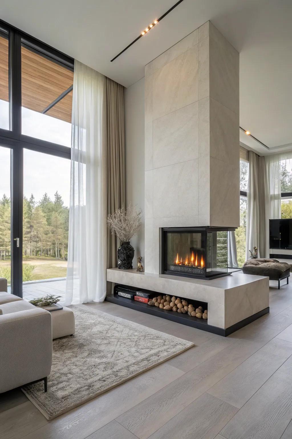A floating hearth gas fireplace bringing modern flair to the space.