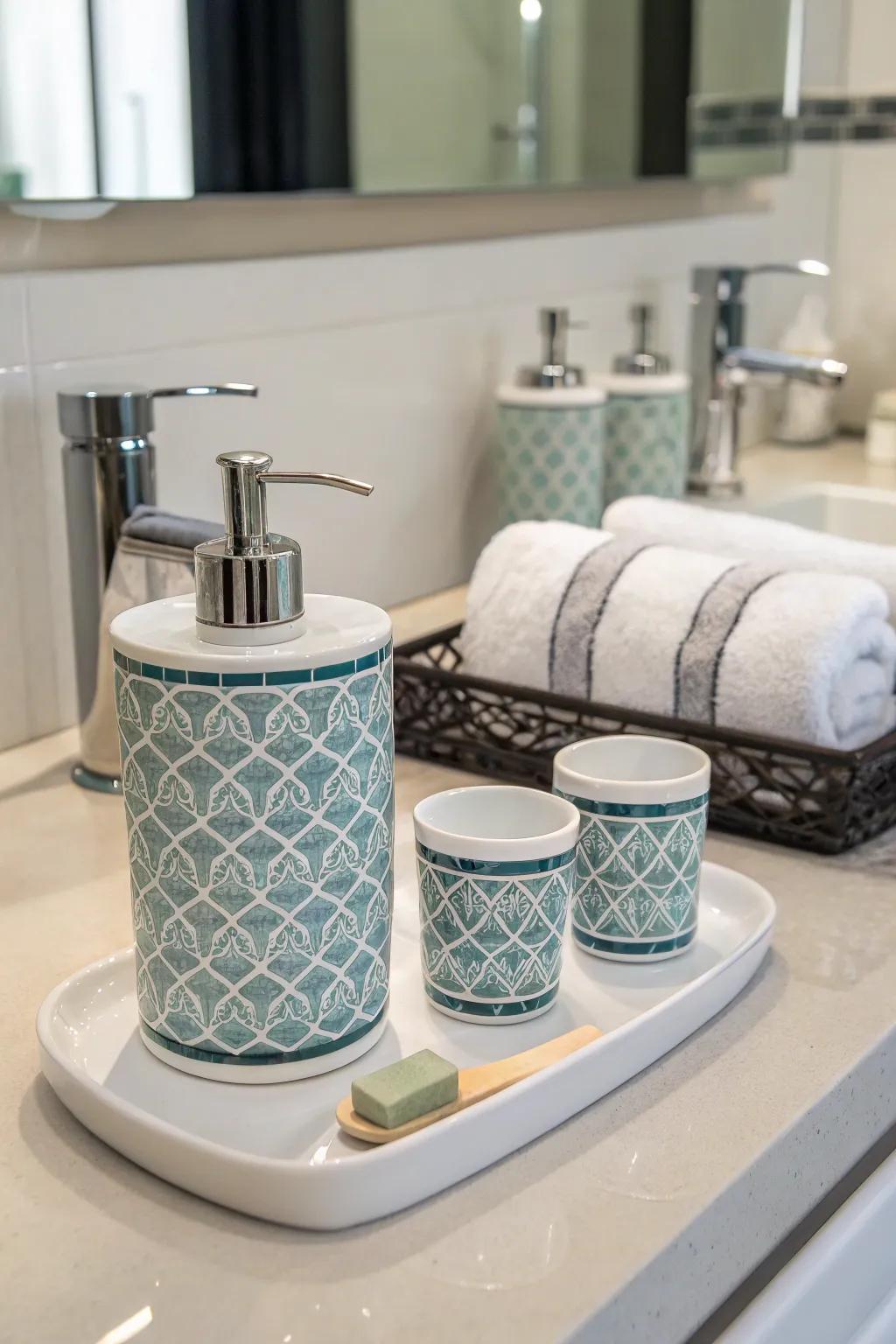 A bathroom featuring a fashionable and coordinated bath accessory set.