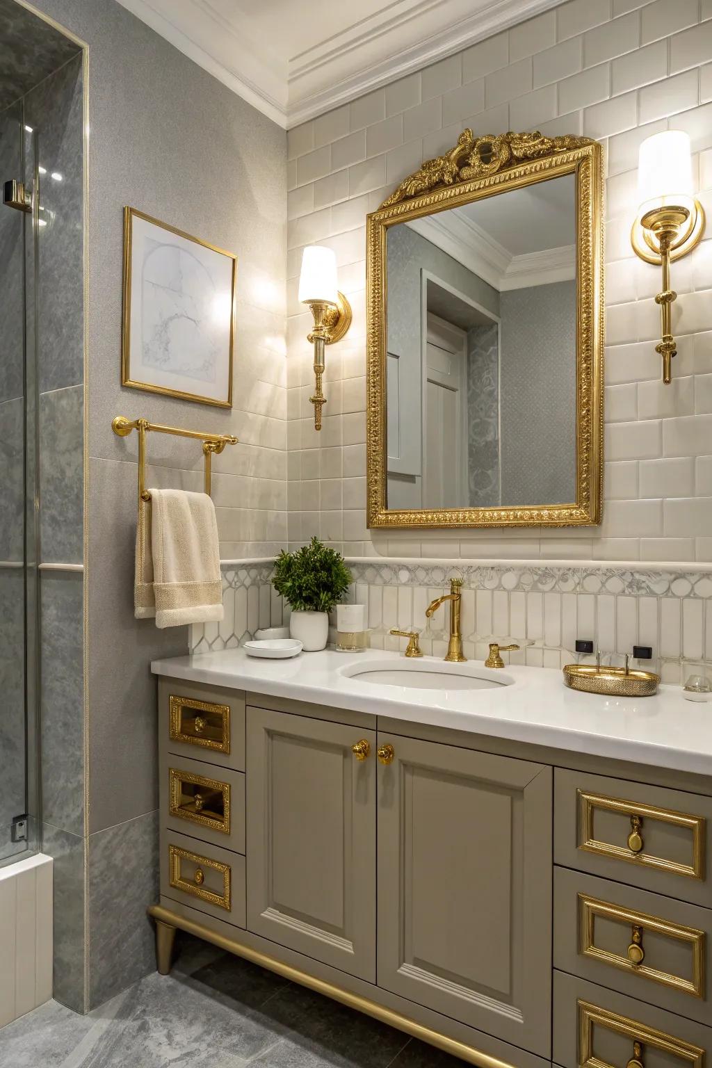 Metallic hints introduce a vibrant contrast, elevating the bathroom's design.