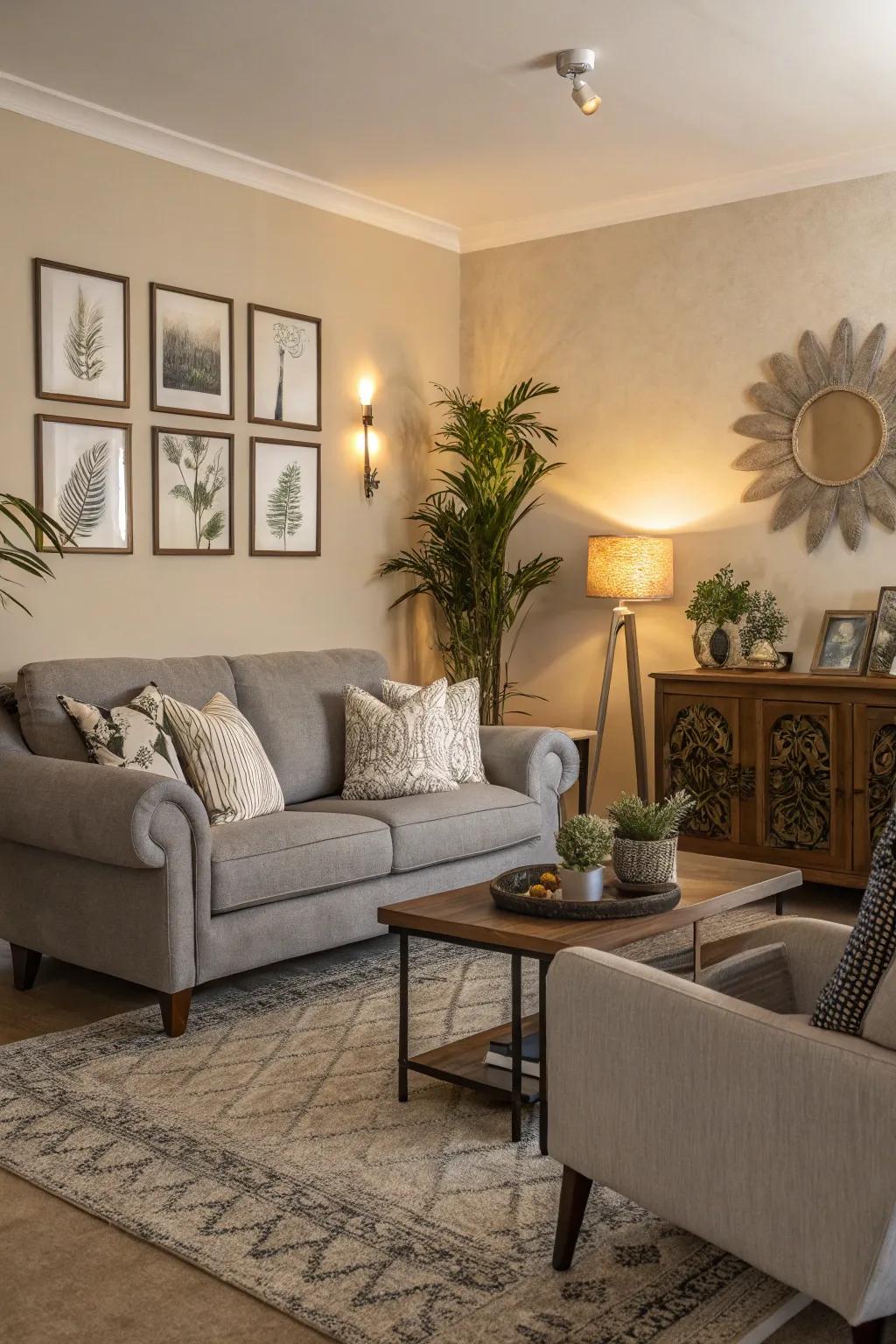 A beige highlight wall creates a striking center point.