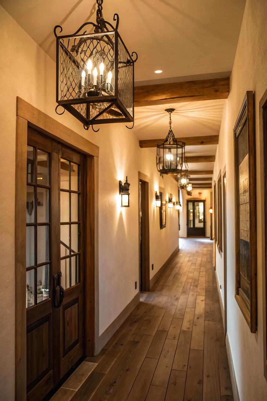 Country-style pieces add warmth and personality to modern hallways.