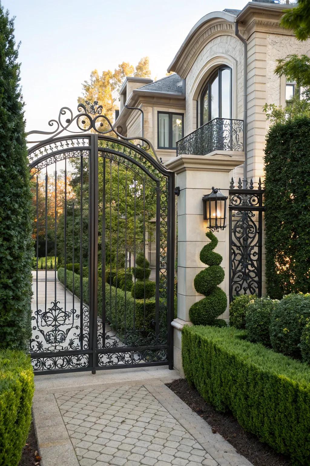 A decorative gate provides a striking entrance.