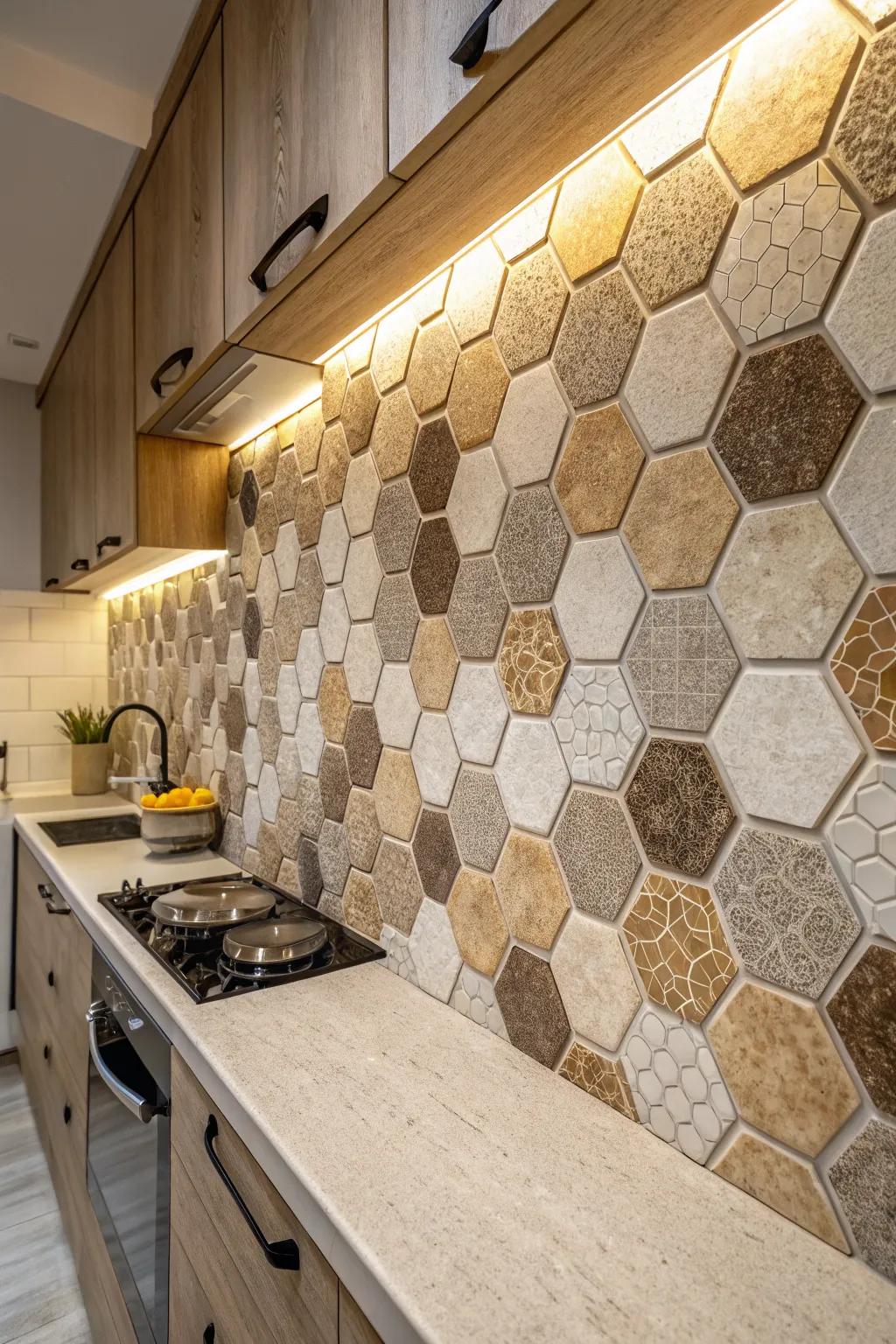 Honeycomb tiles add a geometric twist to modern kitchens.