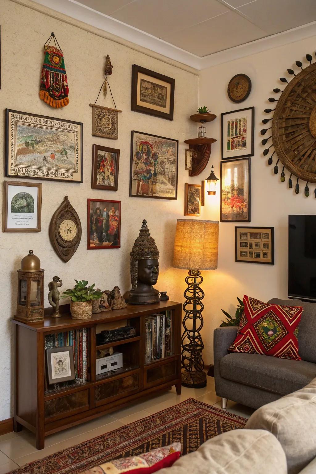 Cultural artifacts add personality and depth to the modern family room.