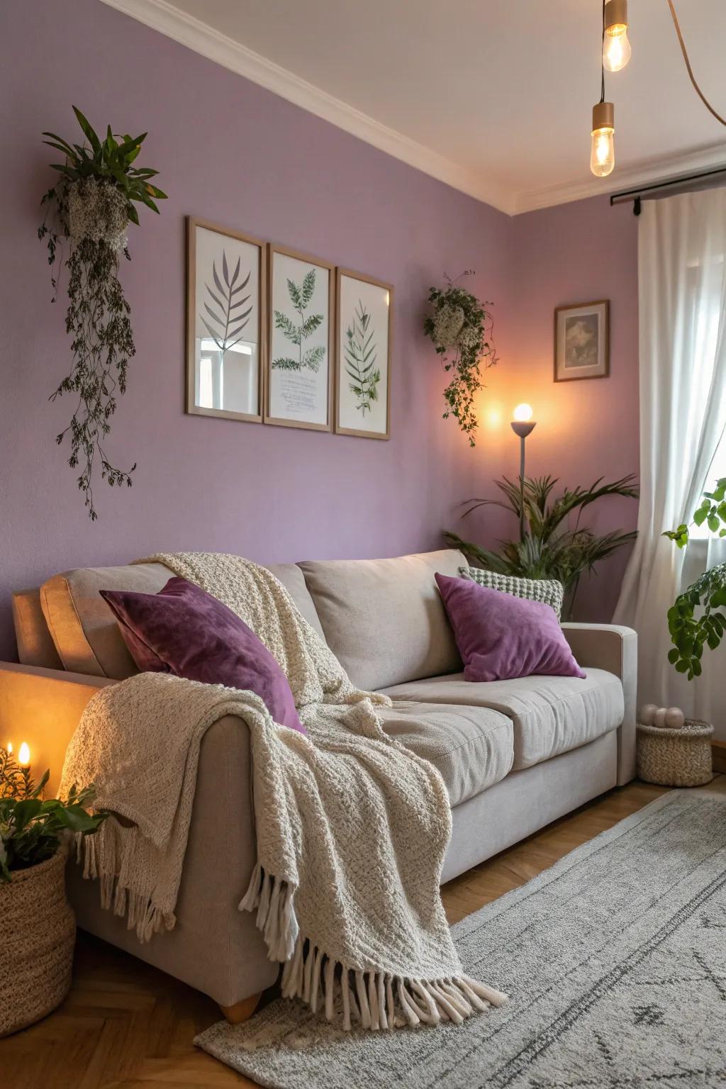 Pale purple walls foster a calming and welcoming feel in this living area.