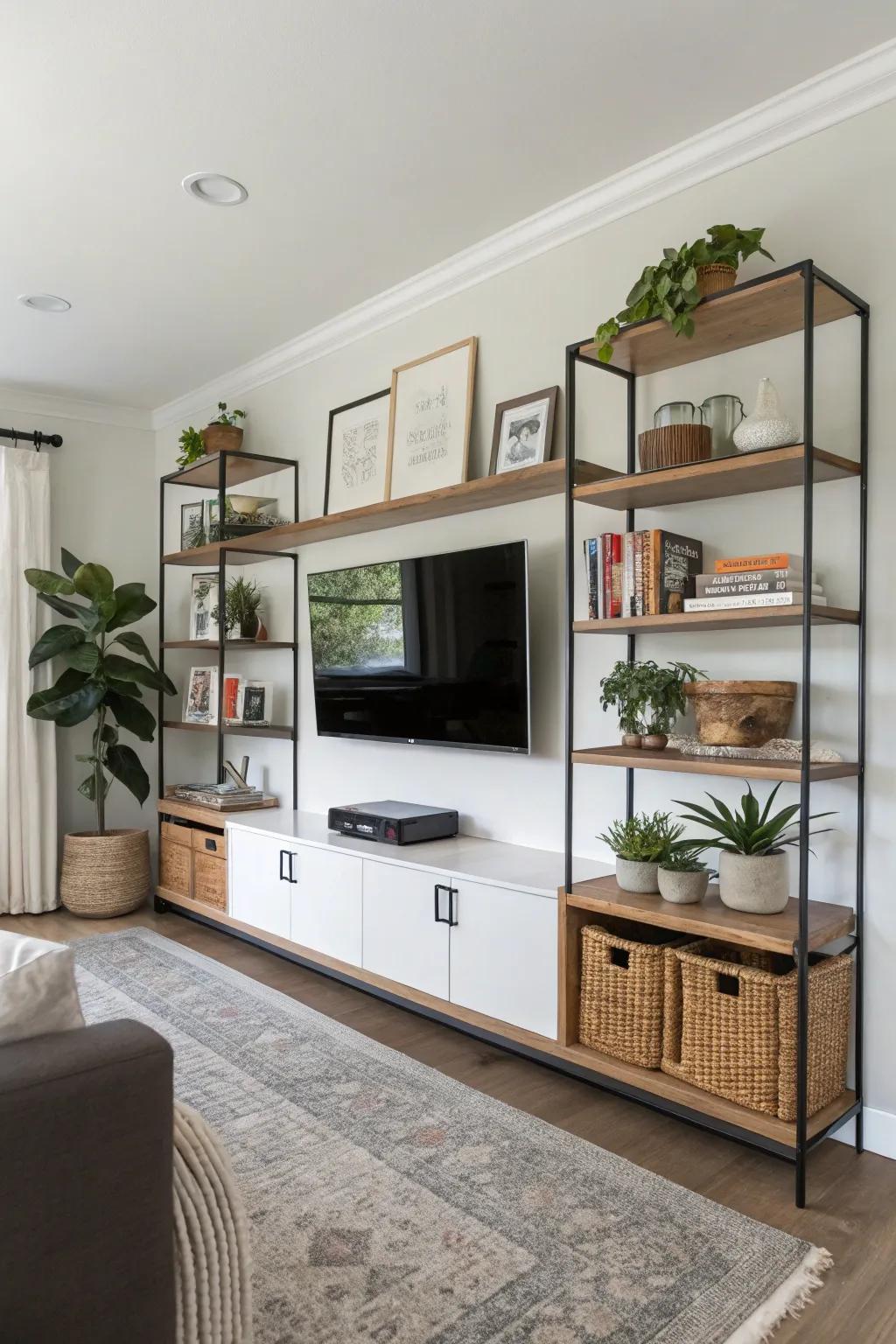 Unitized components furnish versatility and contemporary flair in a media surface.