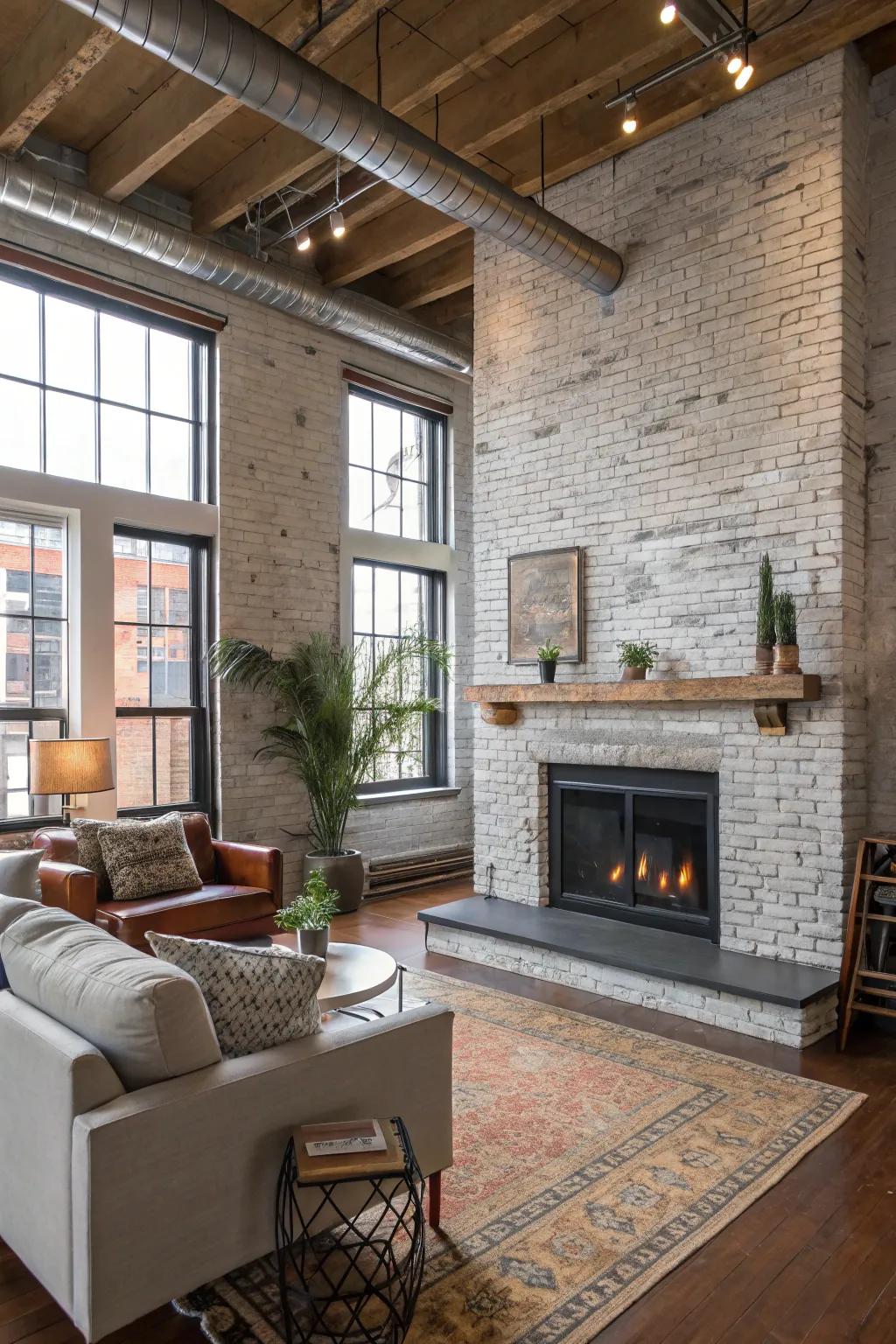 Metallic accents contribute industrial flair to a painted fireplace.