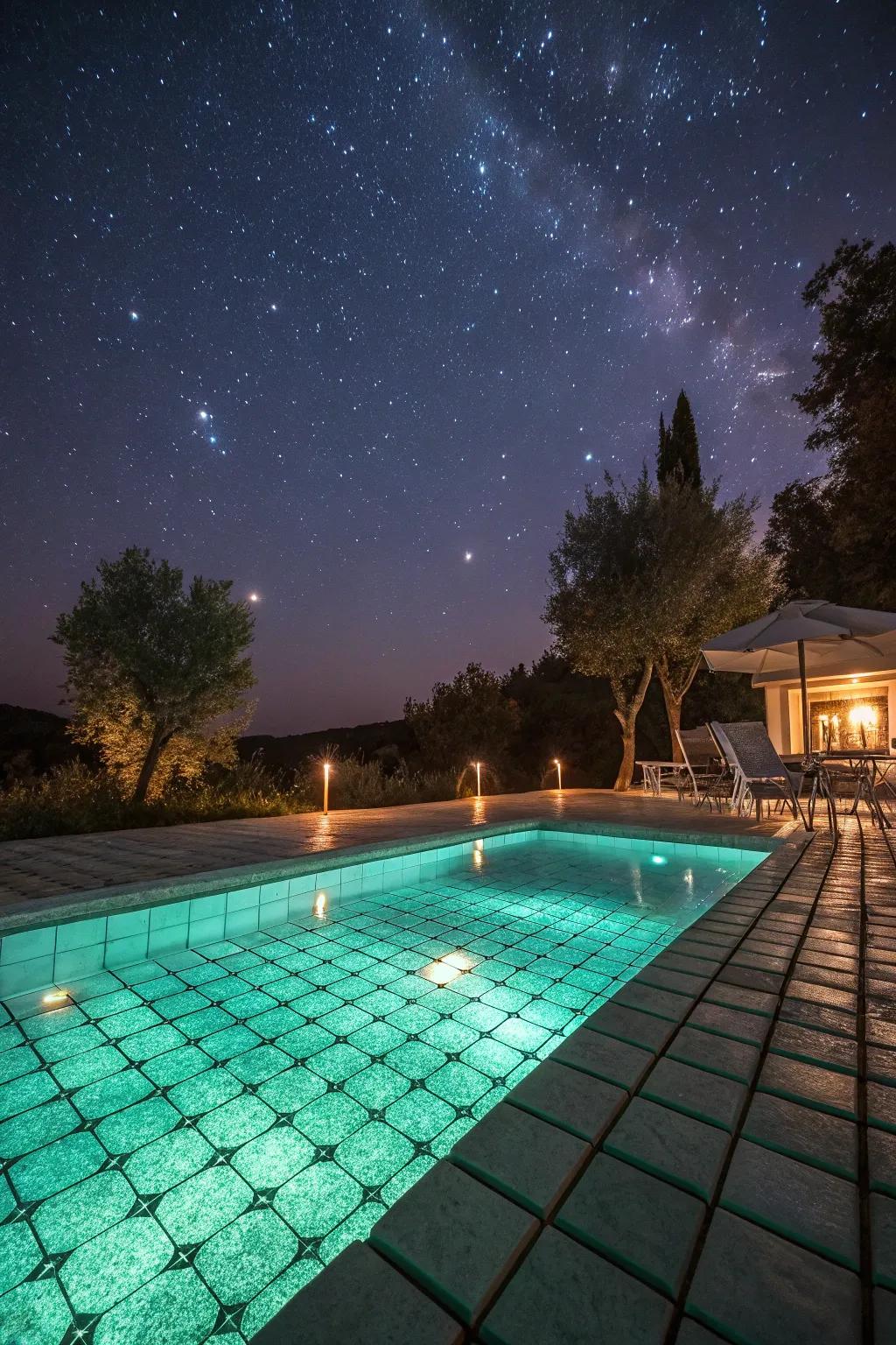 Radiant tiling fashion a magical nighttime pool adventure.