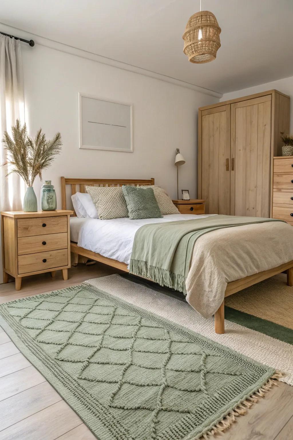 A sage green floor covering adds warmth and ties the room together.