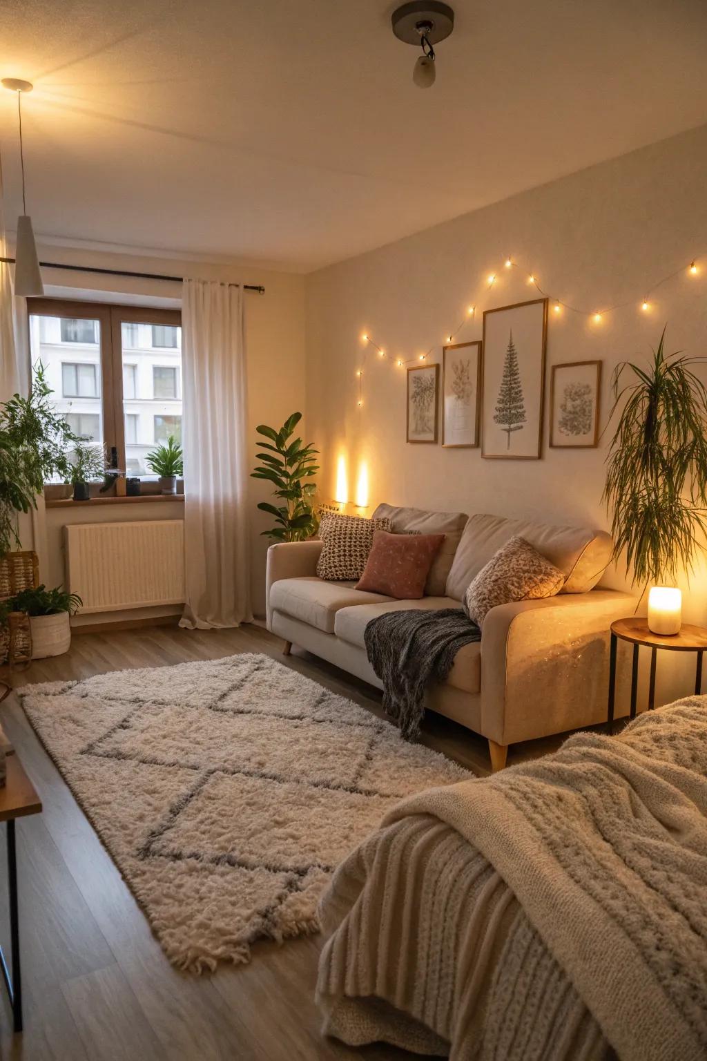 A cozy studio showcasing soft furnishings and warm lighting.
