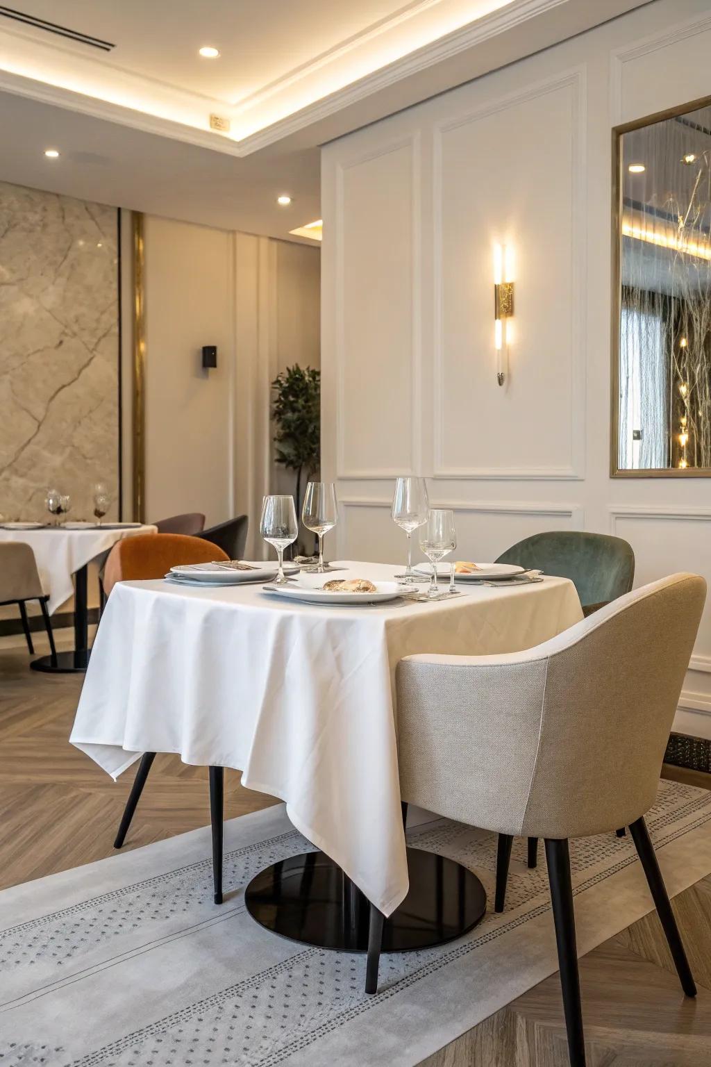 A simple white table covering exudes timeless elegance.