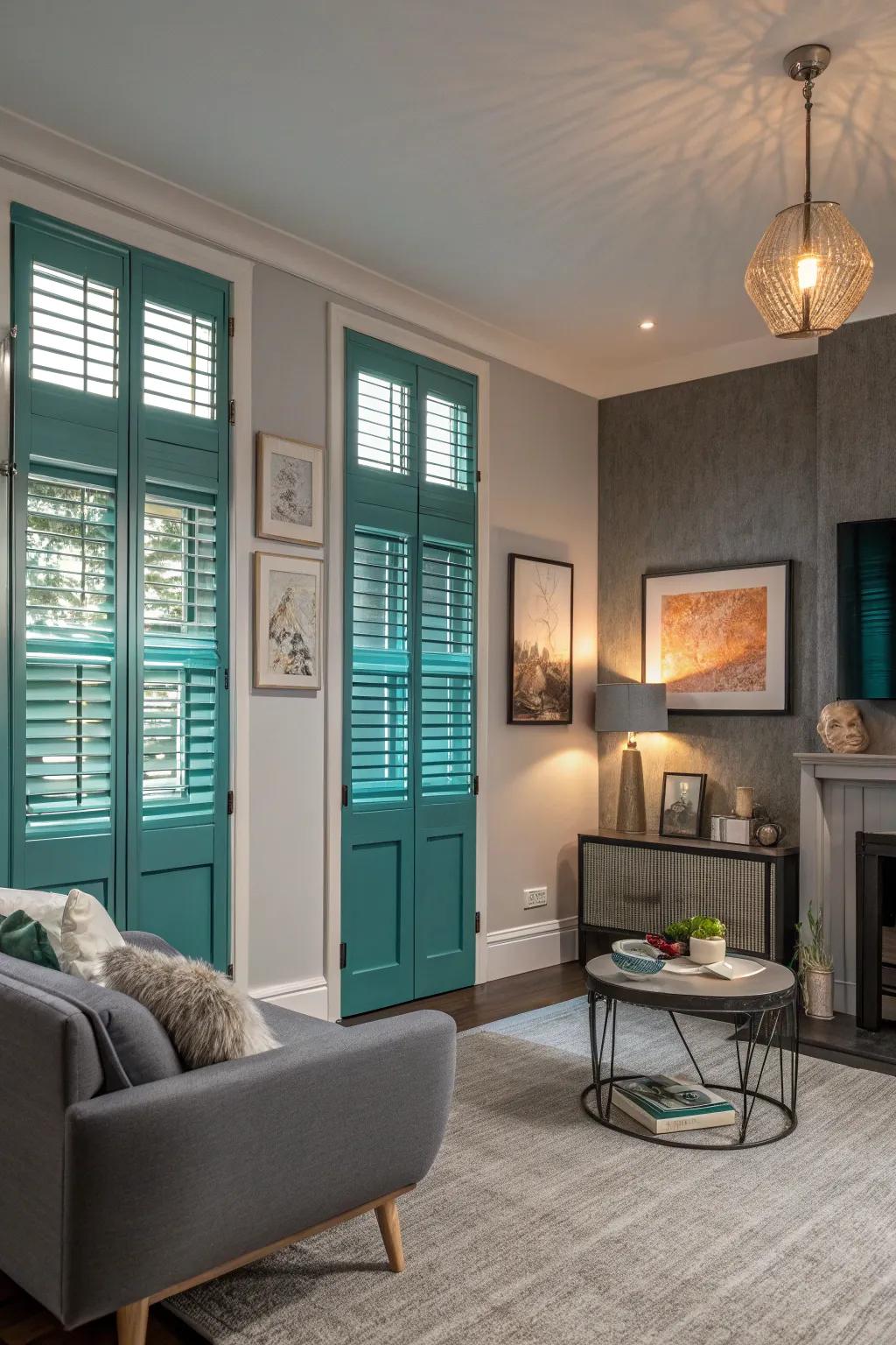 Teal louvers introduce a striking focal point to a contemporary living space.