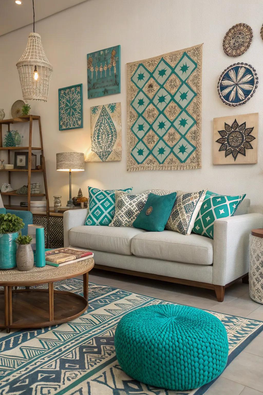 Geometric designs introduce a dynamic flair to the modern teal living space.