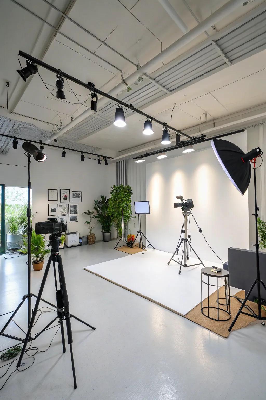 Creative studio illuminated by eco-friendly LED track lighting.