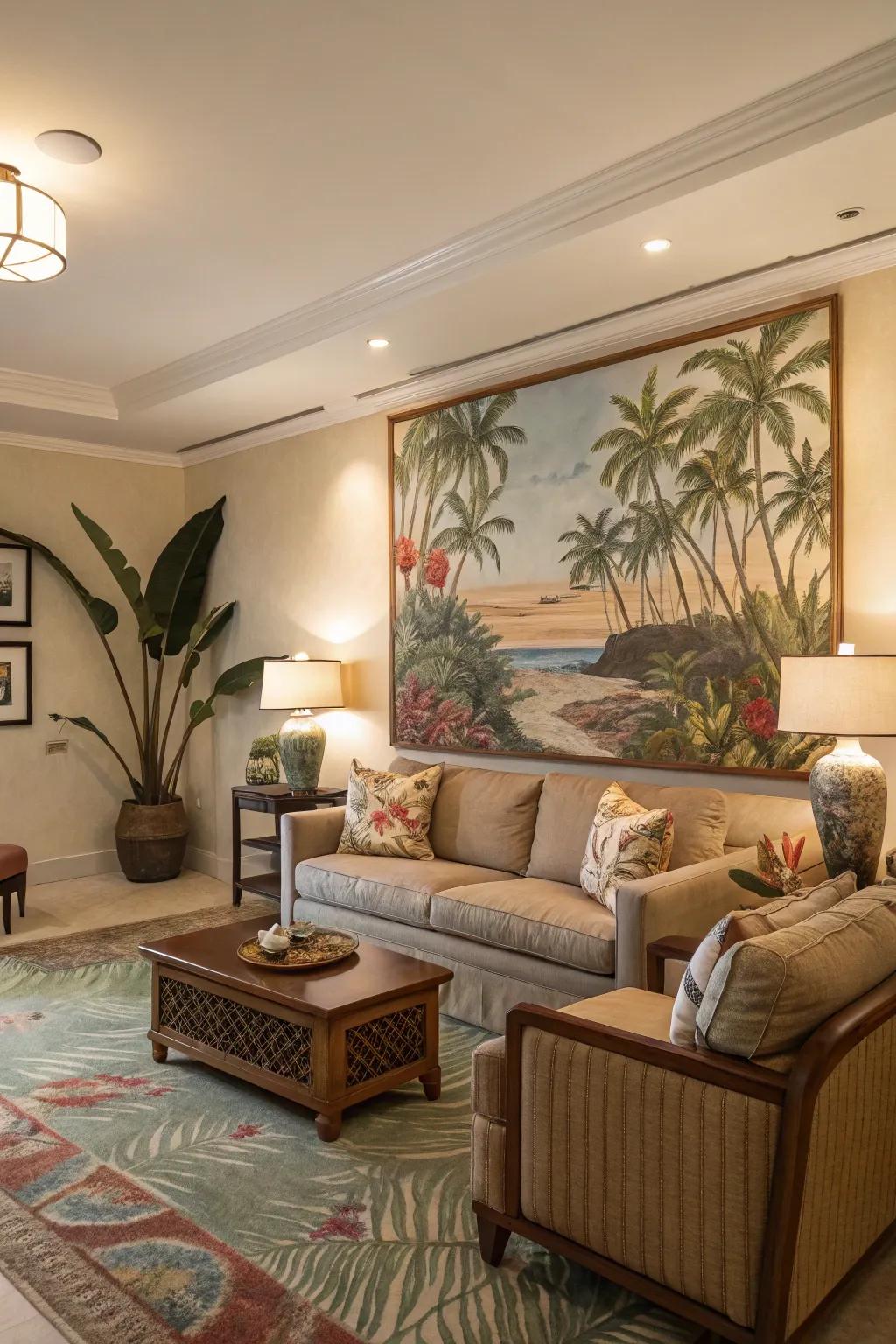 An impressive piece of art serves as the room's center of focus.