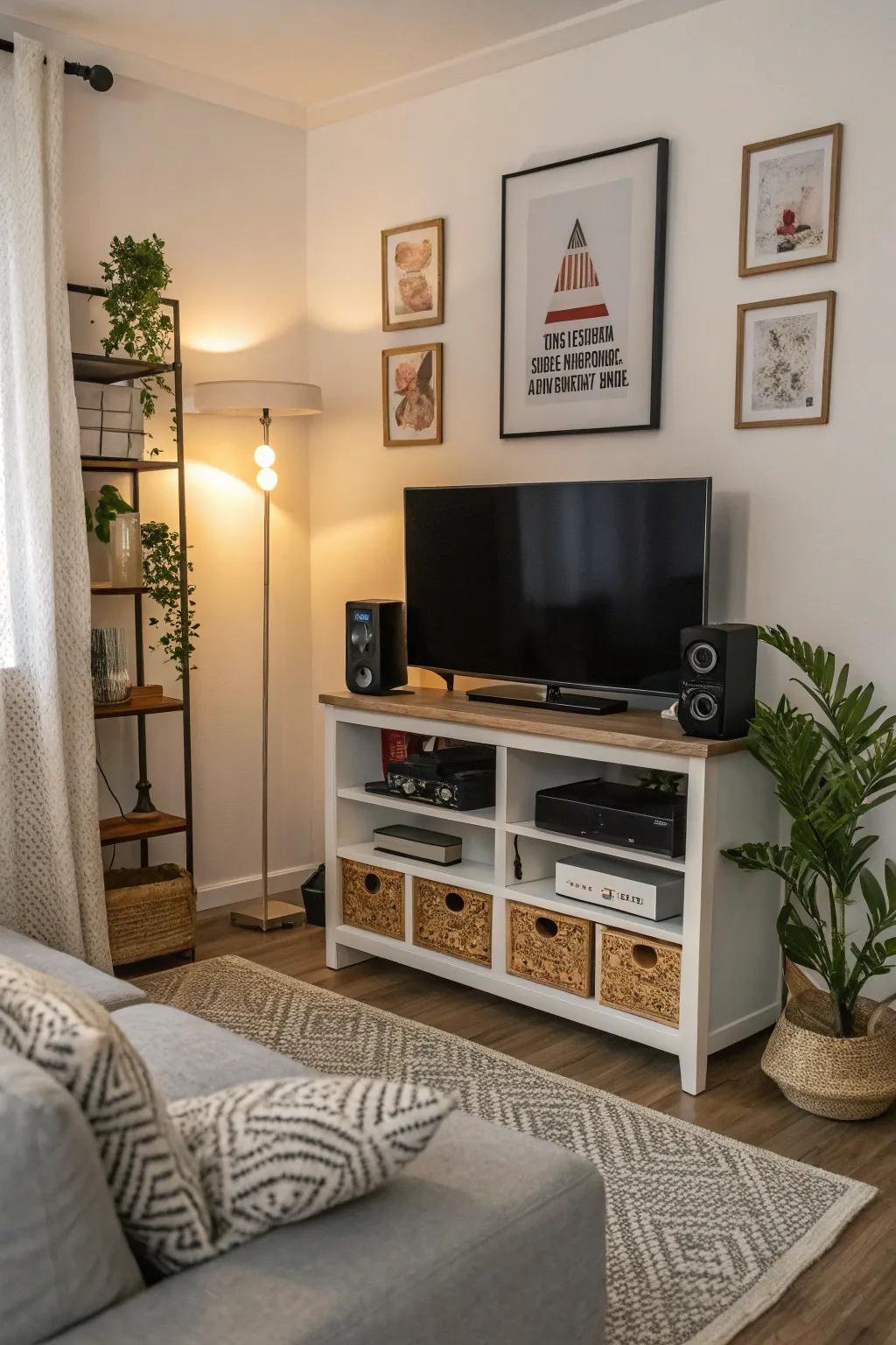 Small corner TV stand maximizing space.