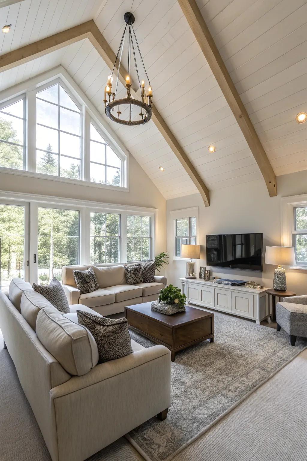 Spacious furniture enhances the comfort and style of this living area with a high ceiling.