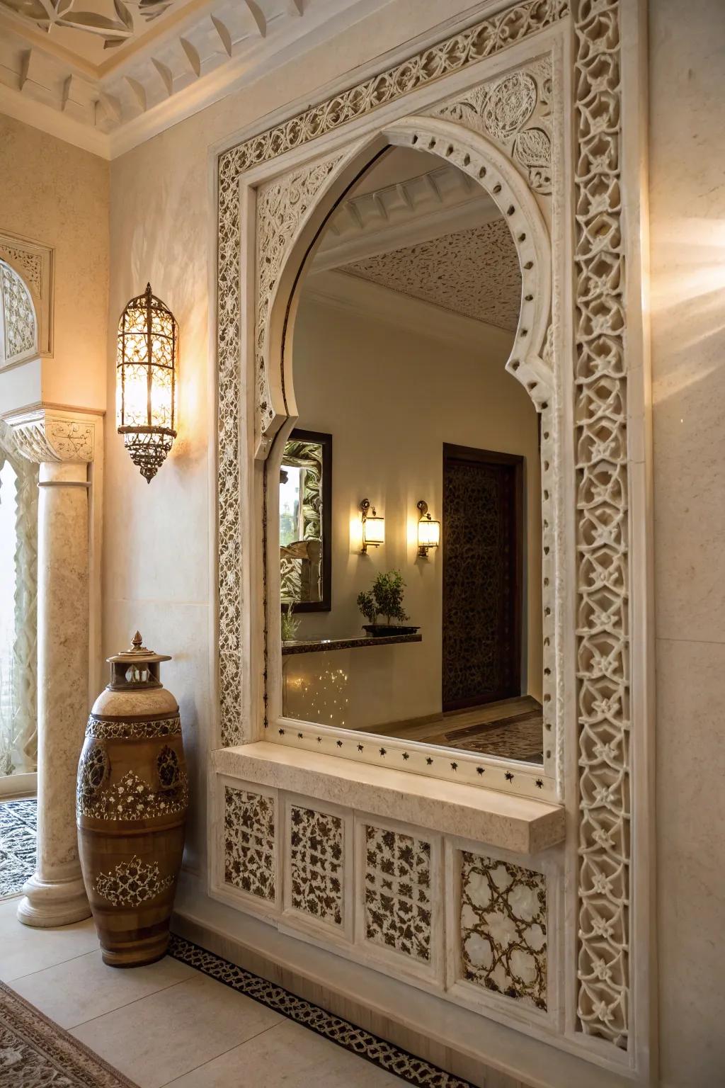 A wall niche featuring a mirror on the back wall, adding depth and dimension.