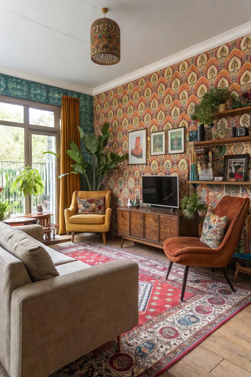 Free-spirited wall covering adds charm to an eclectic living room.