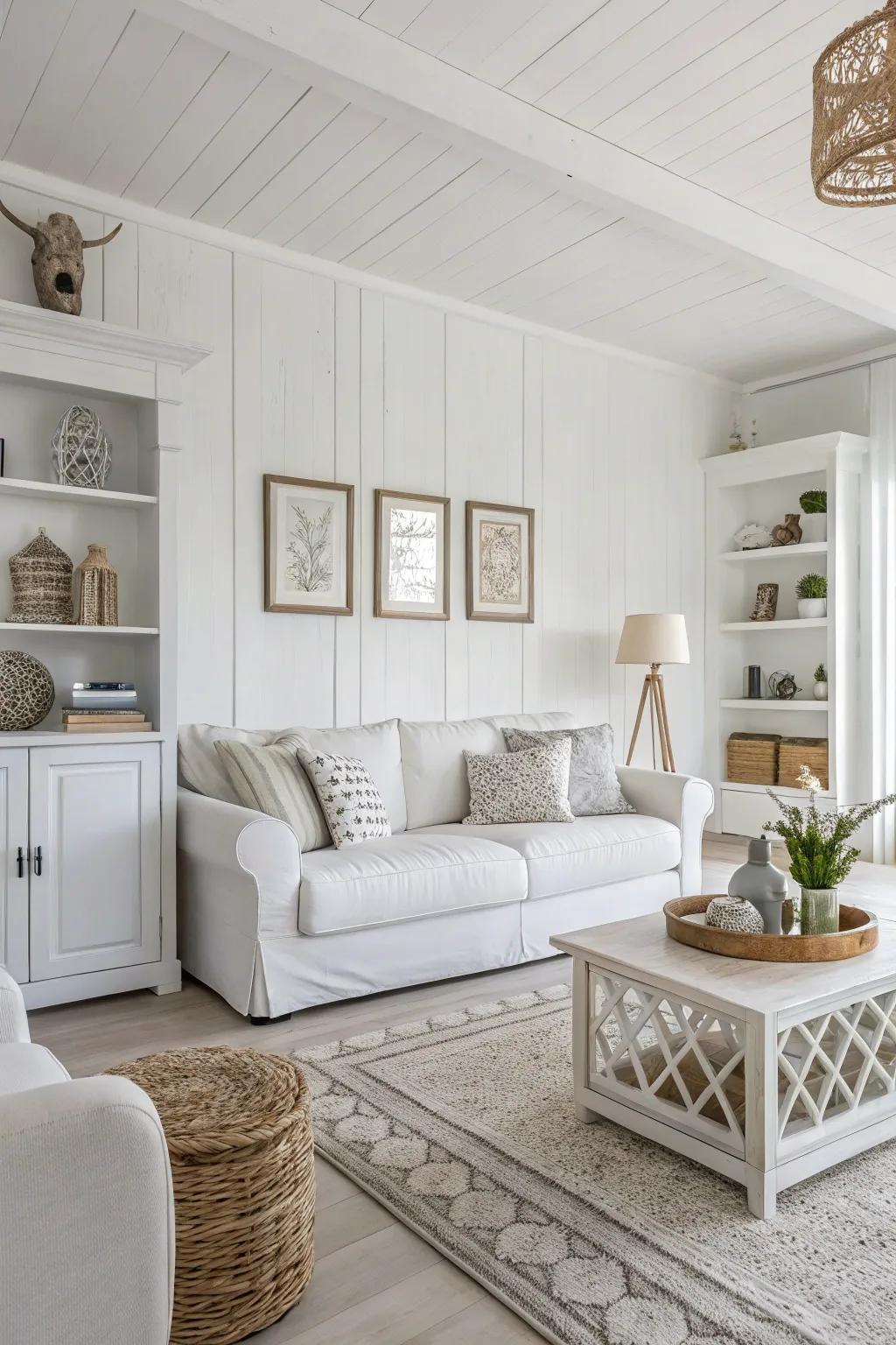 Different shades of white introduce depth to a modern living space.