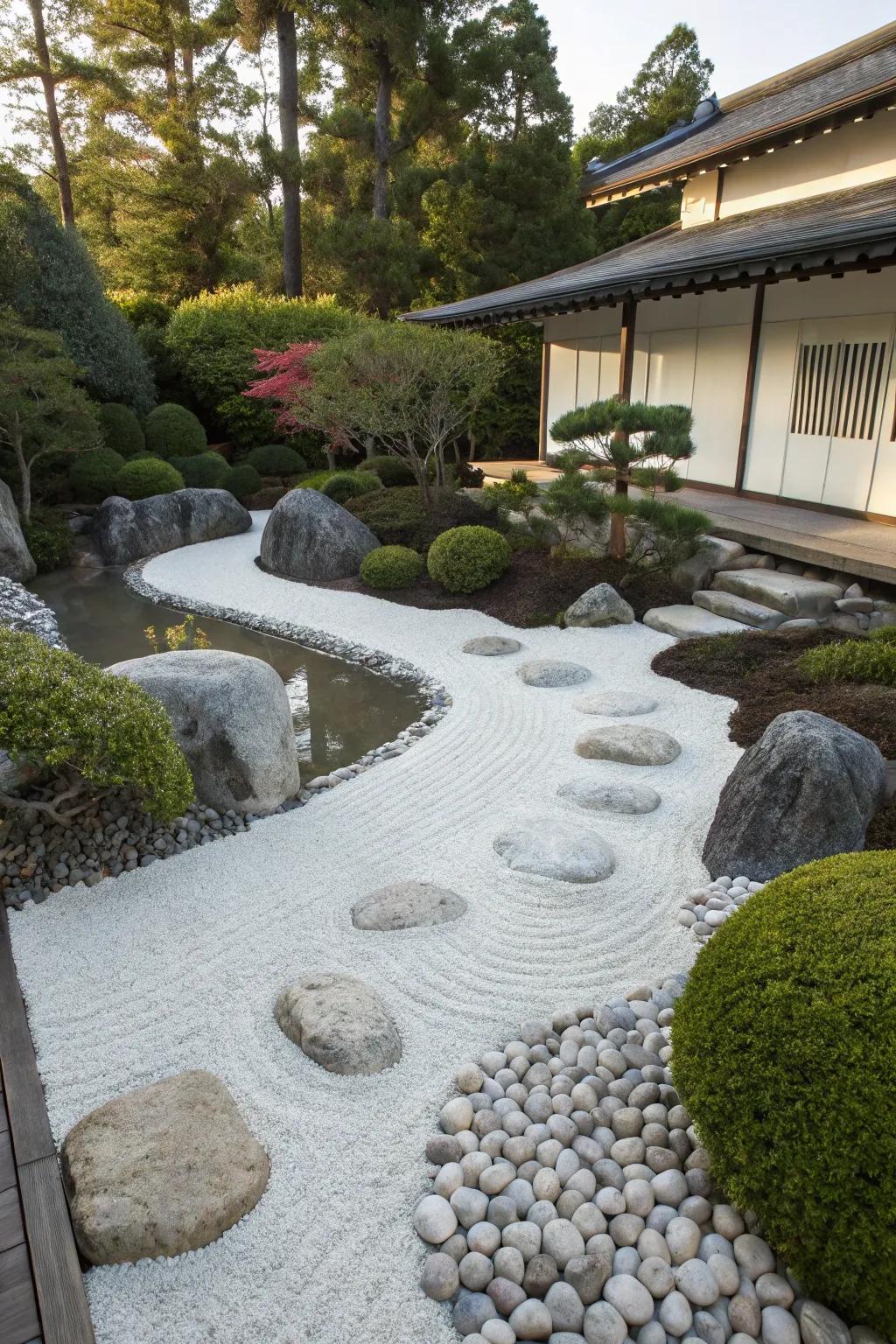 A serene Zen garden showcasing white stones, ideal for a peaceful backyard escape.
