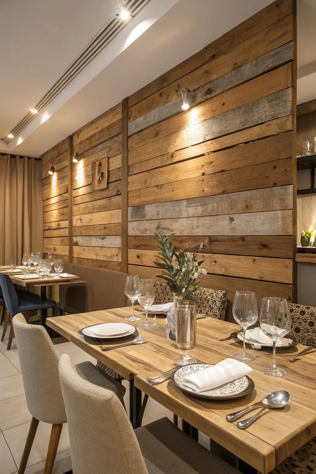 Infuse depth and warmth by using a variety of wood tones in your wood slat wall.