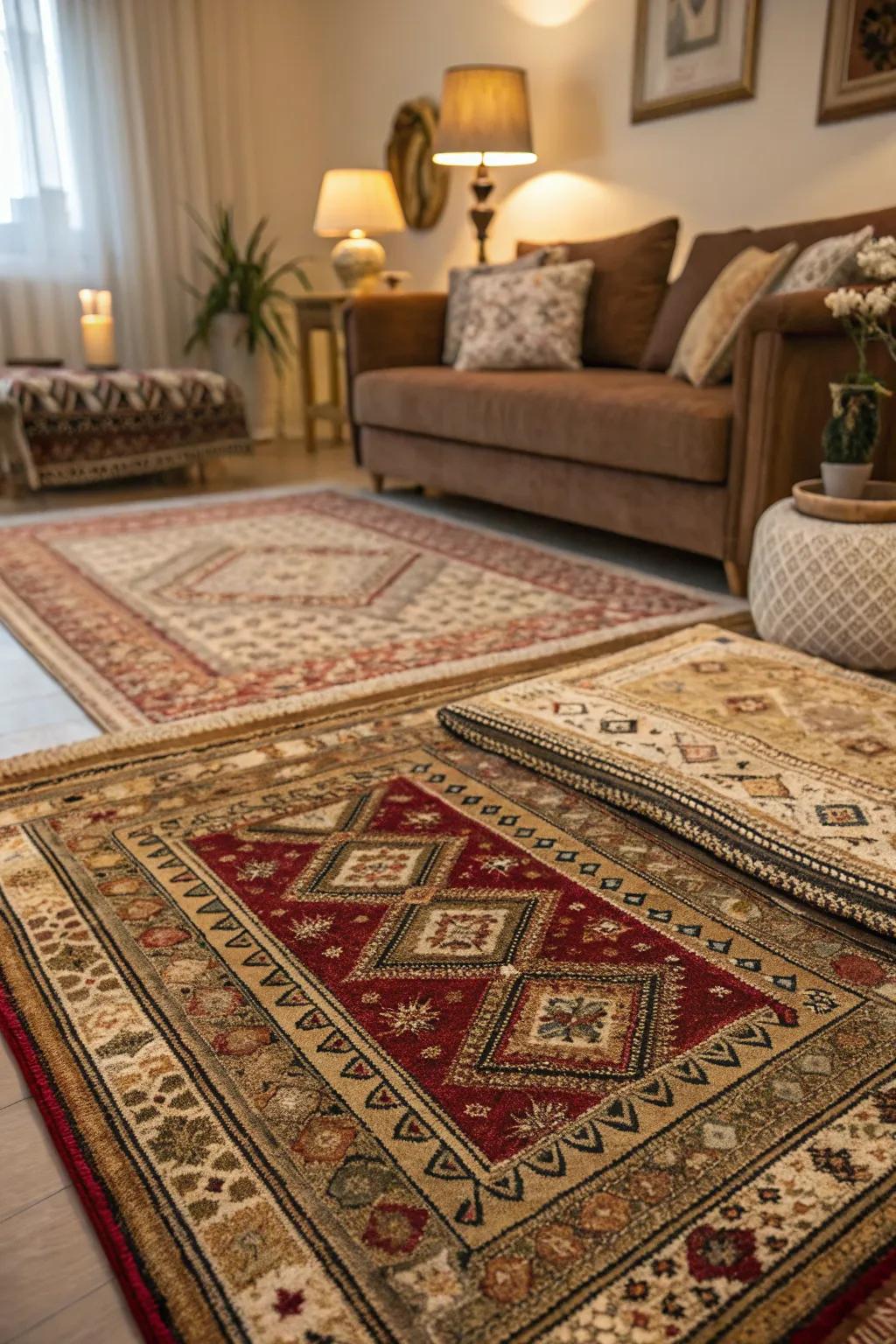 Layered rugs adding depth to a dimly lit living space.