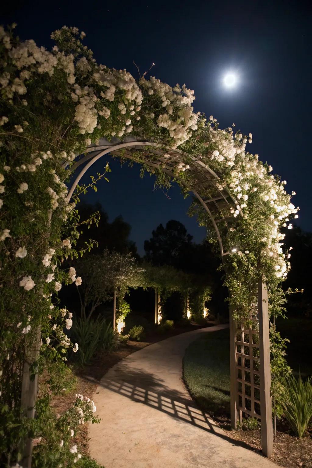 Arches adorned with twining albino flowers craft captivating gateways.