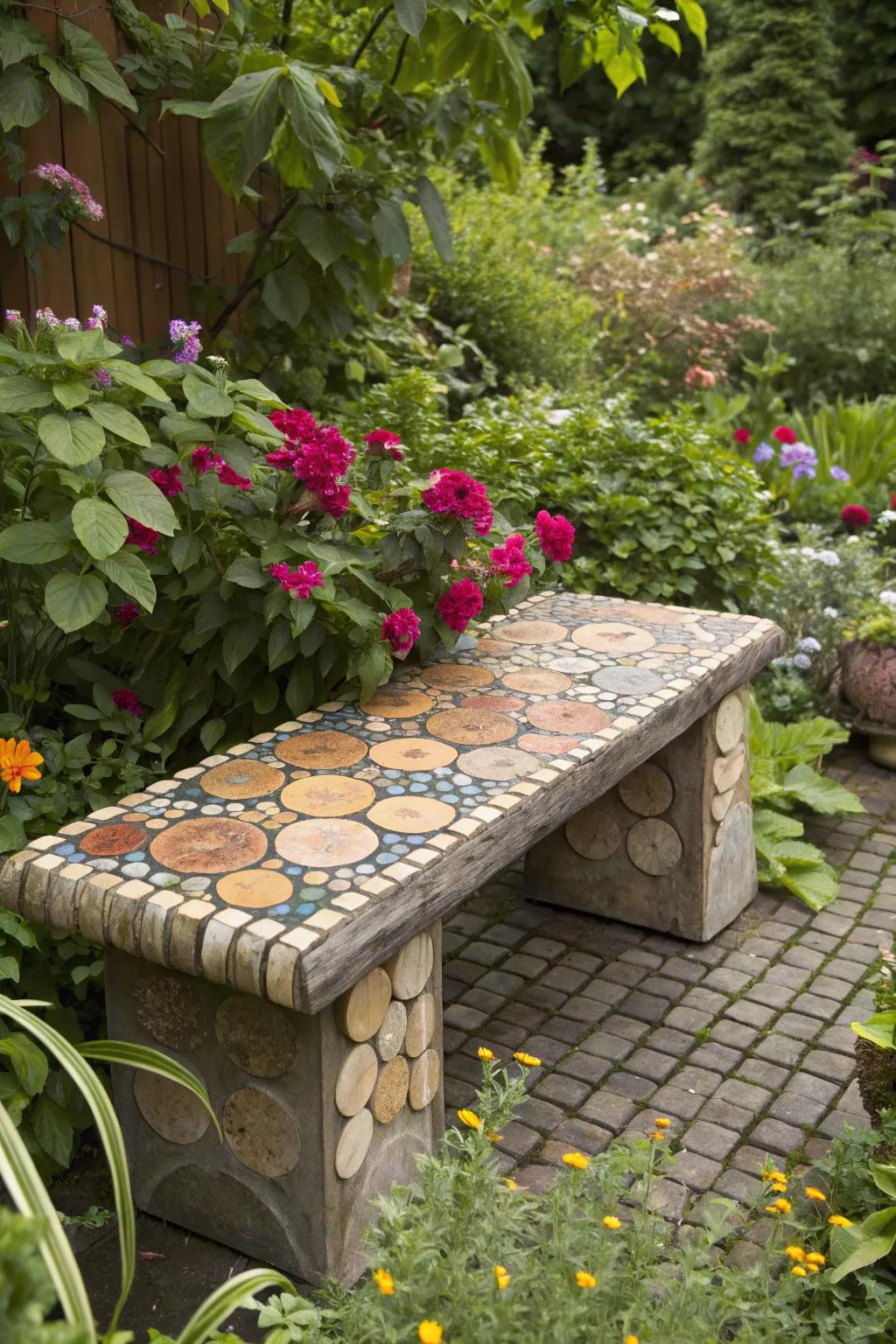 Timber wafer mosaics append countryside charm to outdoor environments.