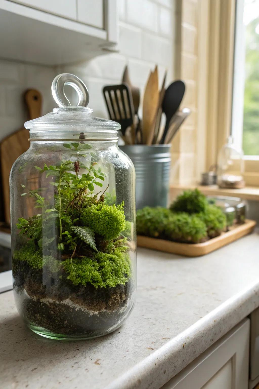 An endearing jar enclosure of moss for a hint of nature.