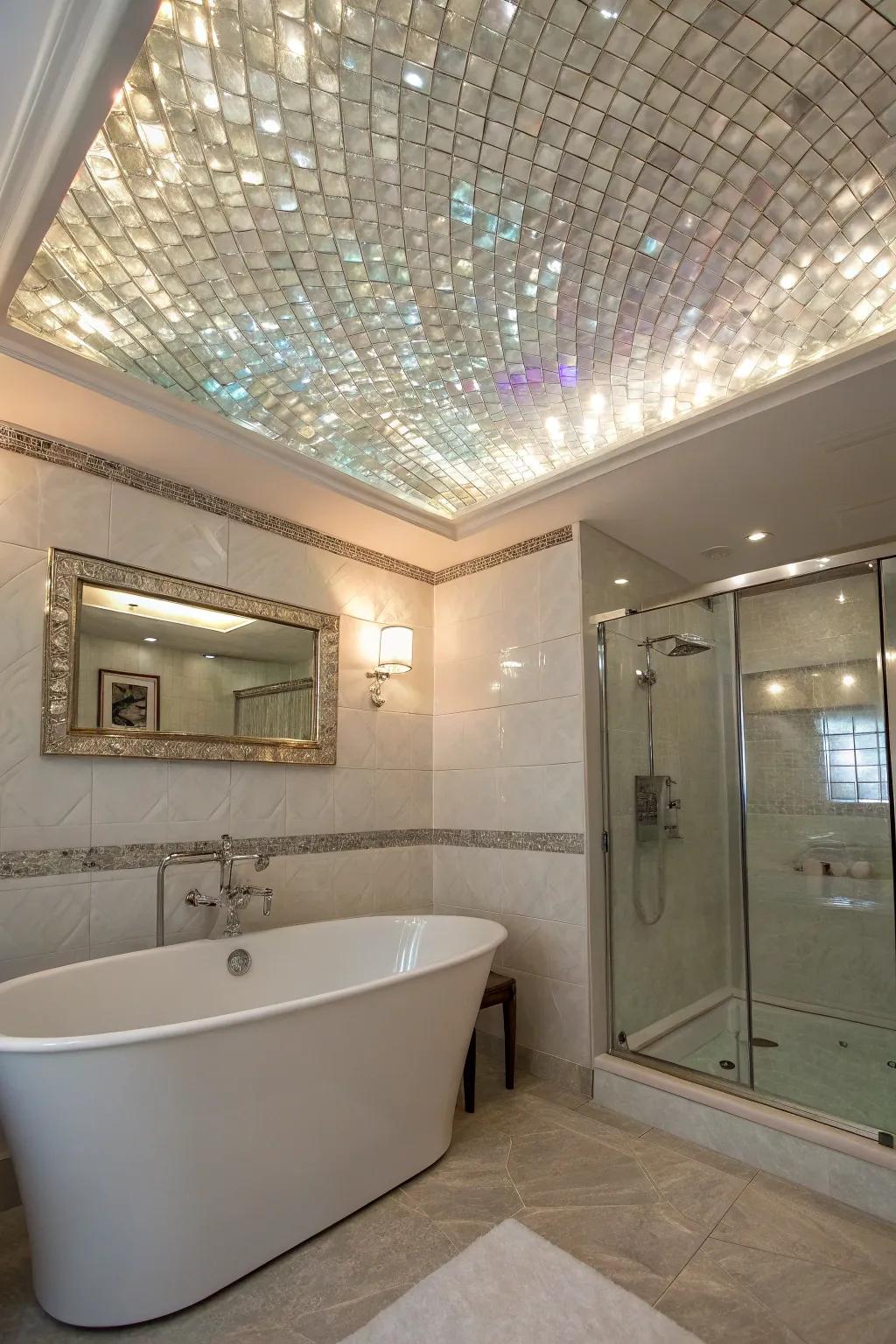An unexpected ceiling finish with nacre tiles creates a wow factor.