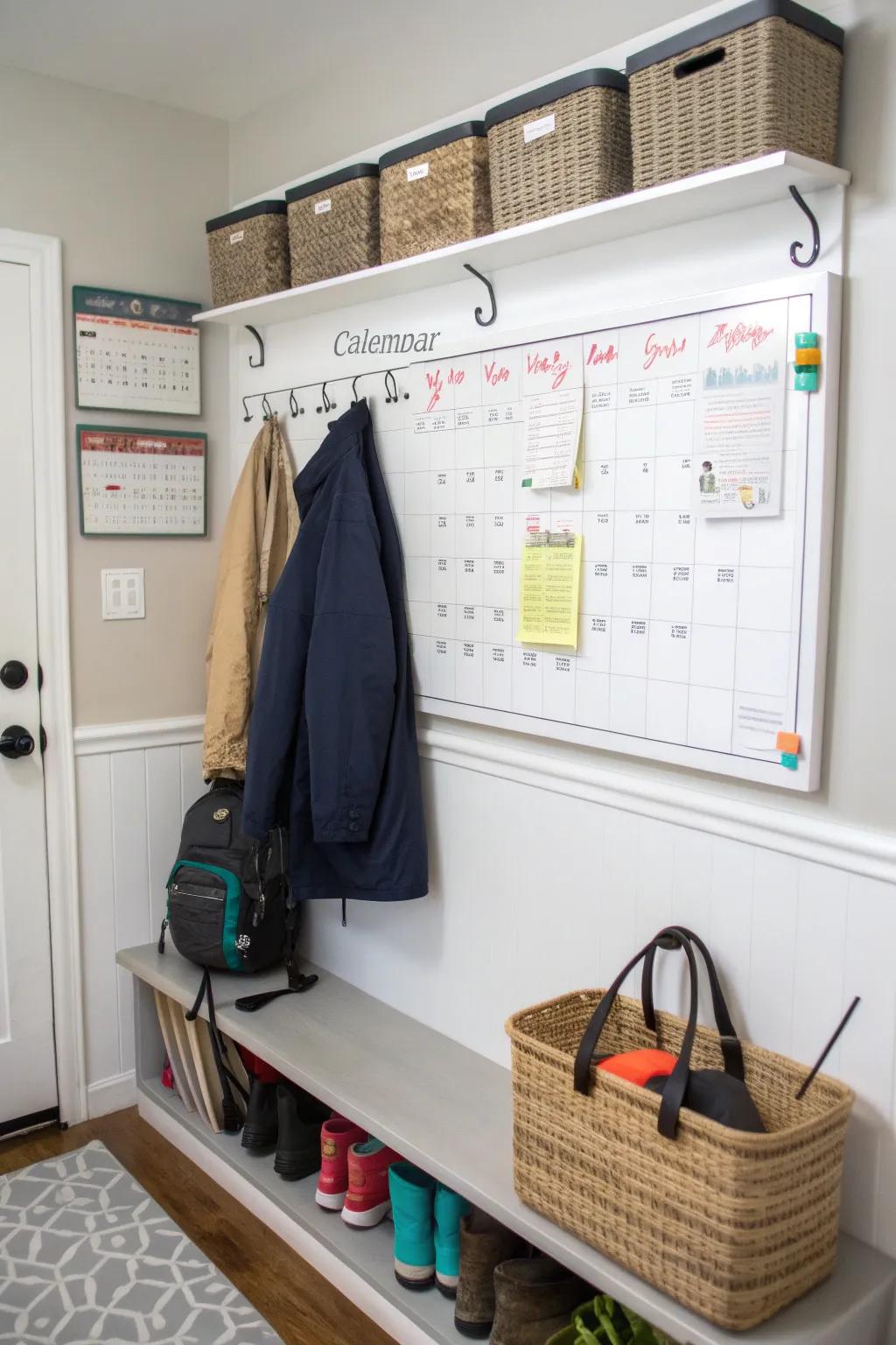 A mudroom control center featuring a calendar and notes.